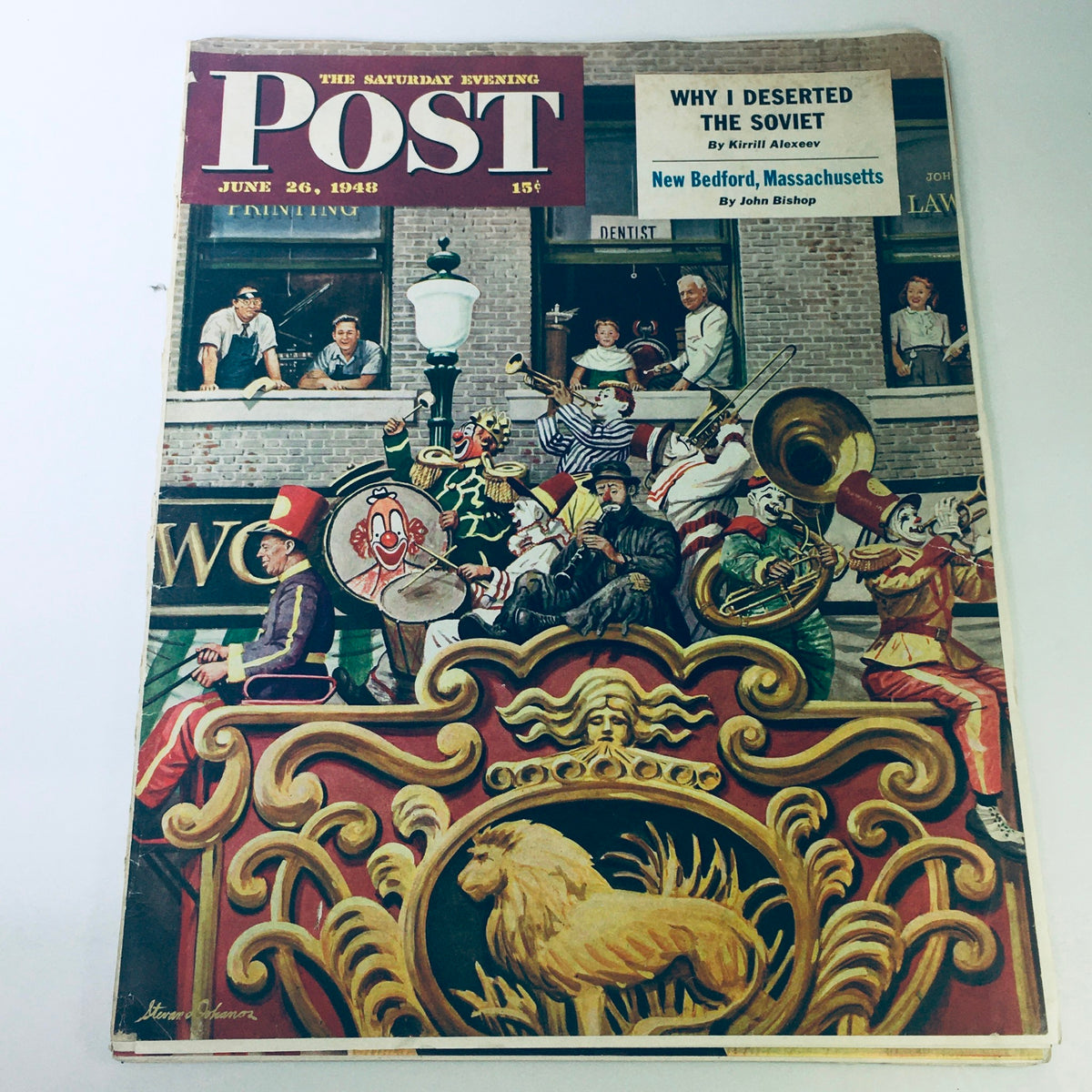 Vintage cover of VTG The Saturday Evening Post June 26 1948 featuring a lively street parade scene in New Bedford, Massachusetts, illustrated by John B.