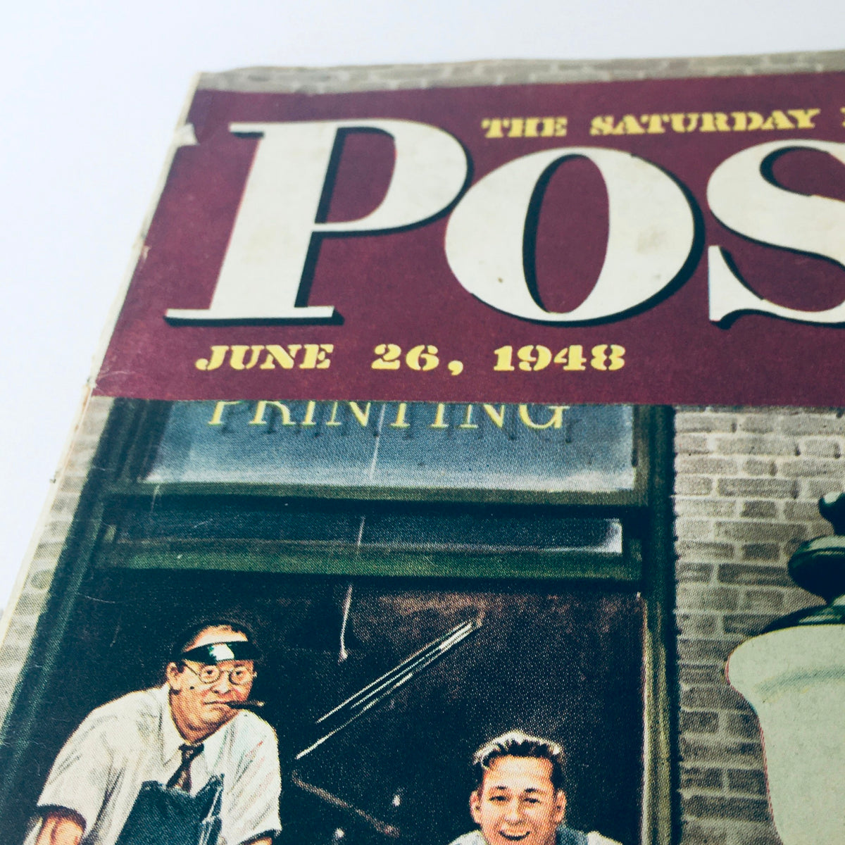 Close-up of the VTG The Saturday Evening Post June 26 1948 cover displaying the magazine title and date alongside a printing scene.