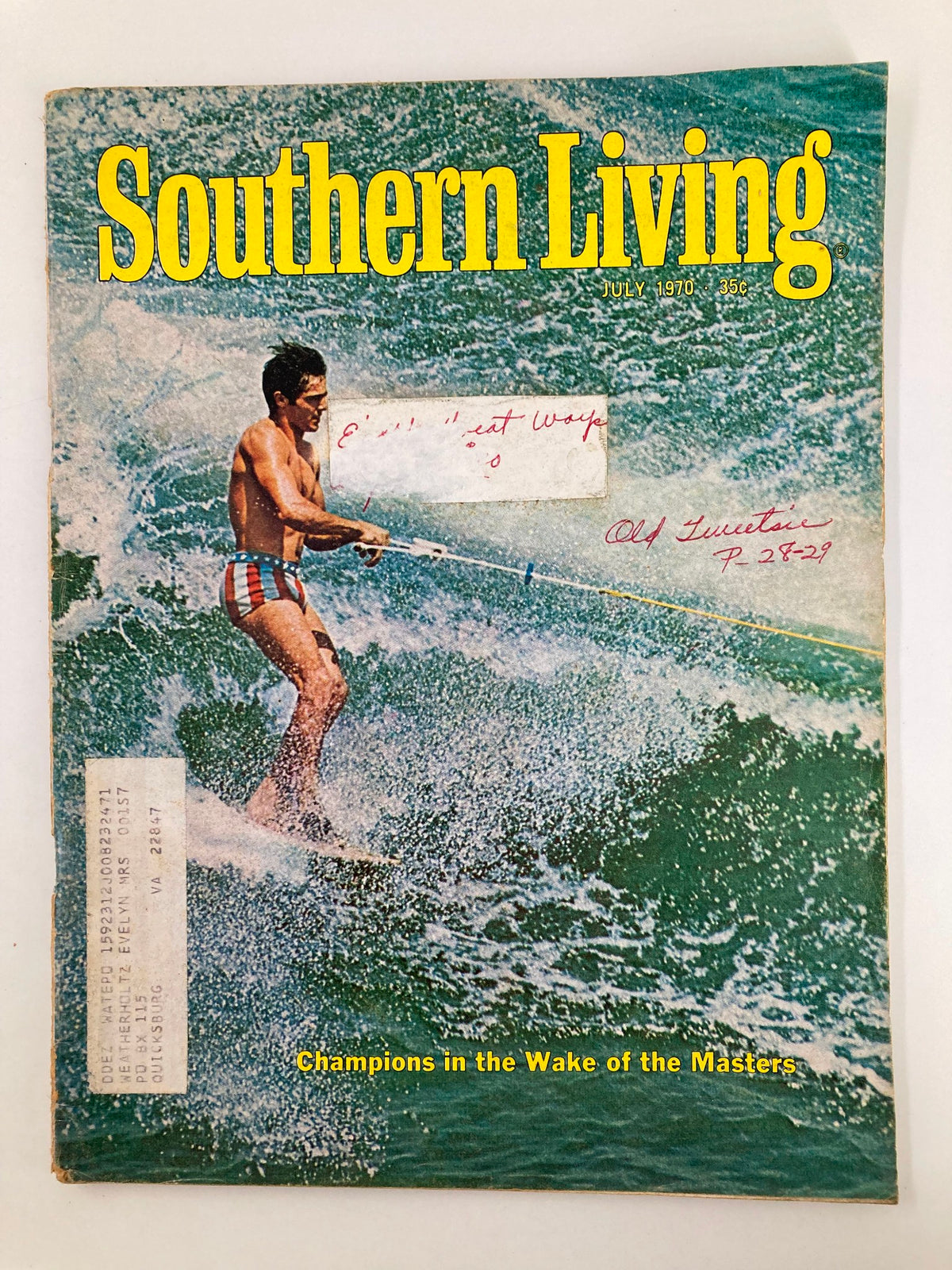 Cover of Southern Living Magazine from July 1970 featuring the title 'Champions in the Wake of the Masters' with a man water skiing.