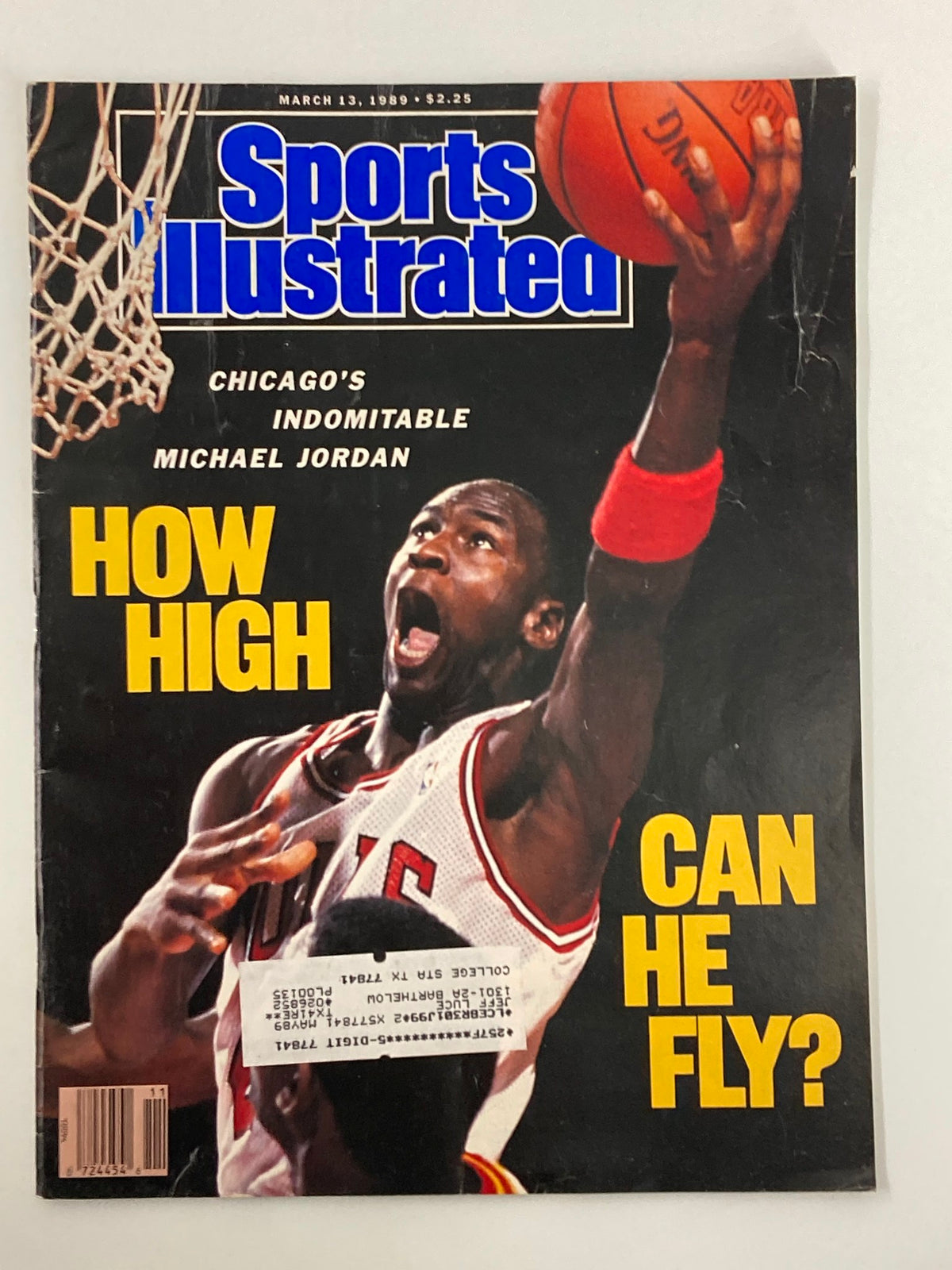 Sports Illustrated magazine cover from March 13, 1989, featuring Michael Jordan of the Chicago Bulls. The headline reads 'HOW HIGH CAN HE FLY?' showcasing Jordan in action with a basketball.