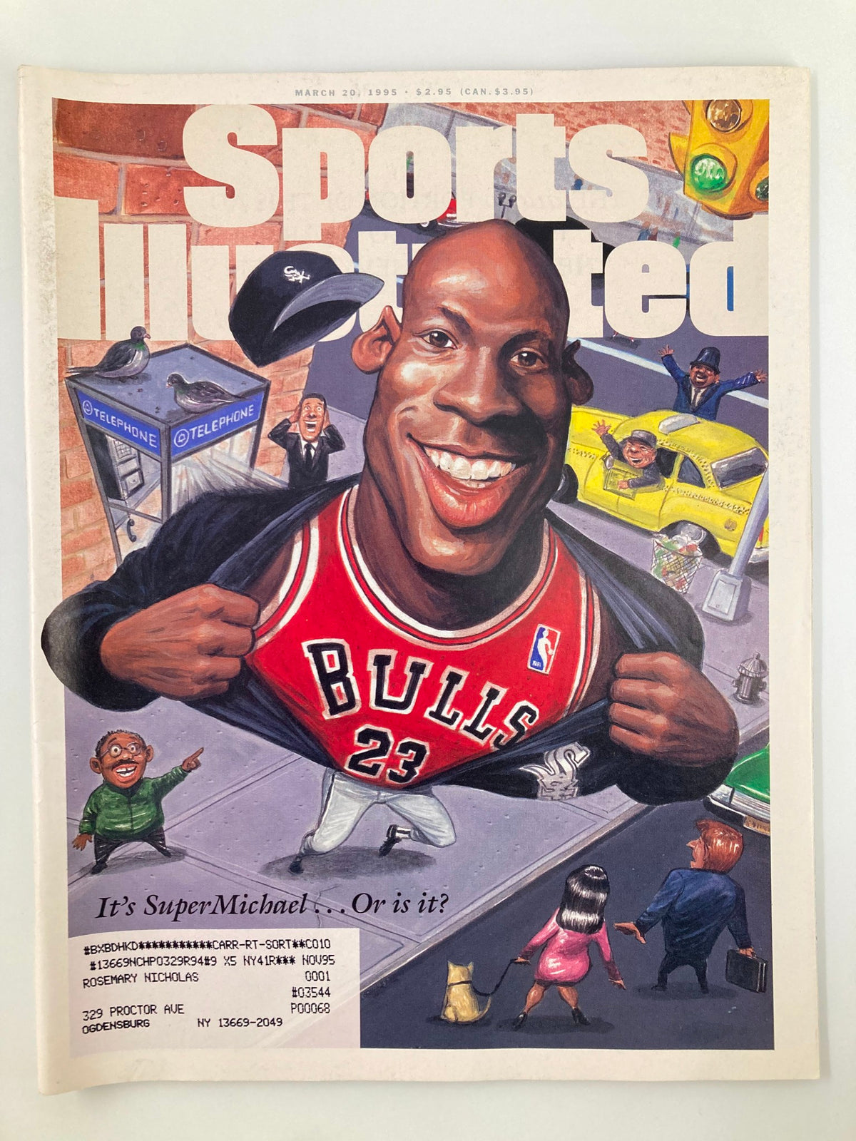 Cover of Sports Illustrated Magazine dated March 20, 1995 featuring a caricature of Michael Jordan in a Bulls jersey with playful graphics and urban elements, highlighting the NBA's Chicago Bulls era.