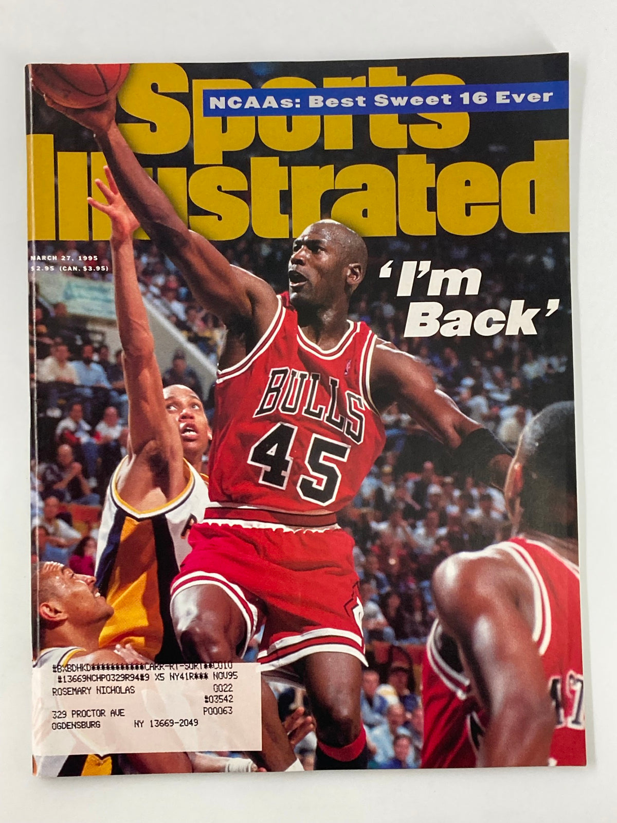 Cover of Sports Illustrated Magazine March 27, 1995, featuring Michael Jordan in a Chicago Bulls jersey number 45, showcasing his iconic return to basketball with the headline 'I'm Back.'