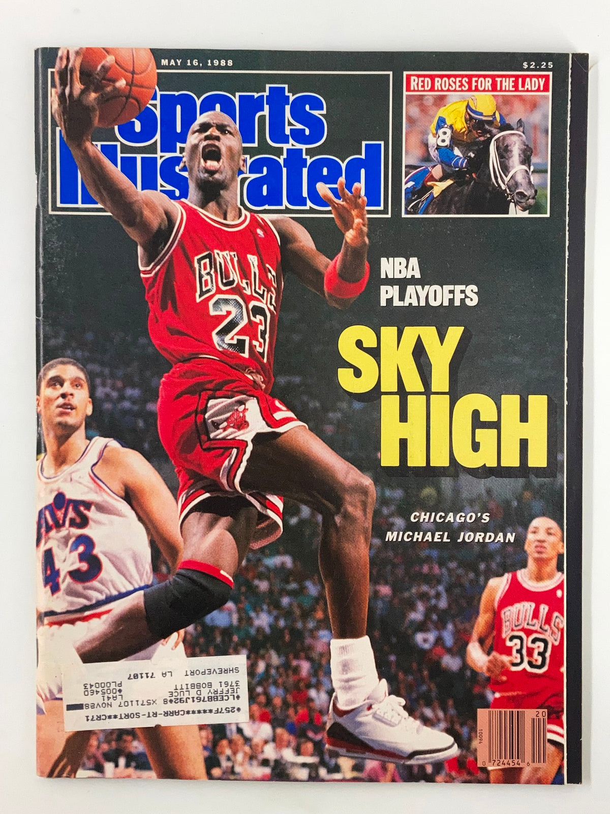 Sports Illustrated Magazine cover from May 16, 1988, featuring Chicago's Michael Jordan soaring for a slam dunk with the headline 'Sky High'. The cover also displays the NBA Playoffs theme, showcasing the iconic Bulls player in action.
