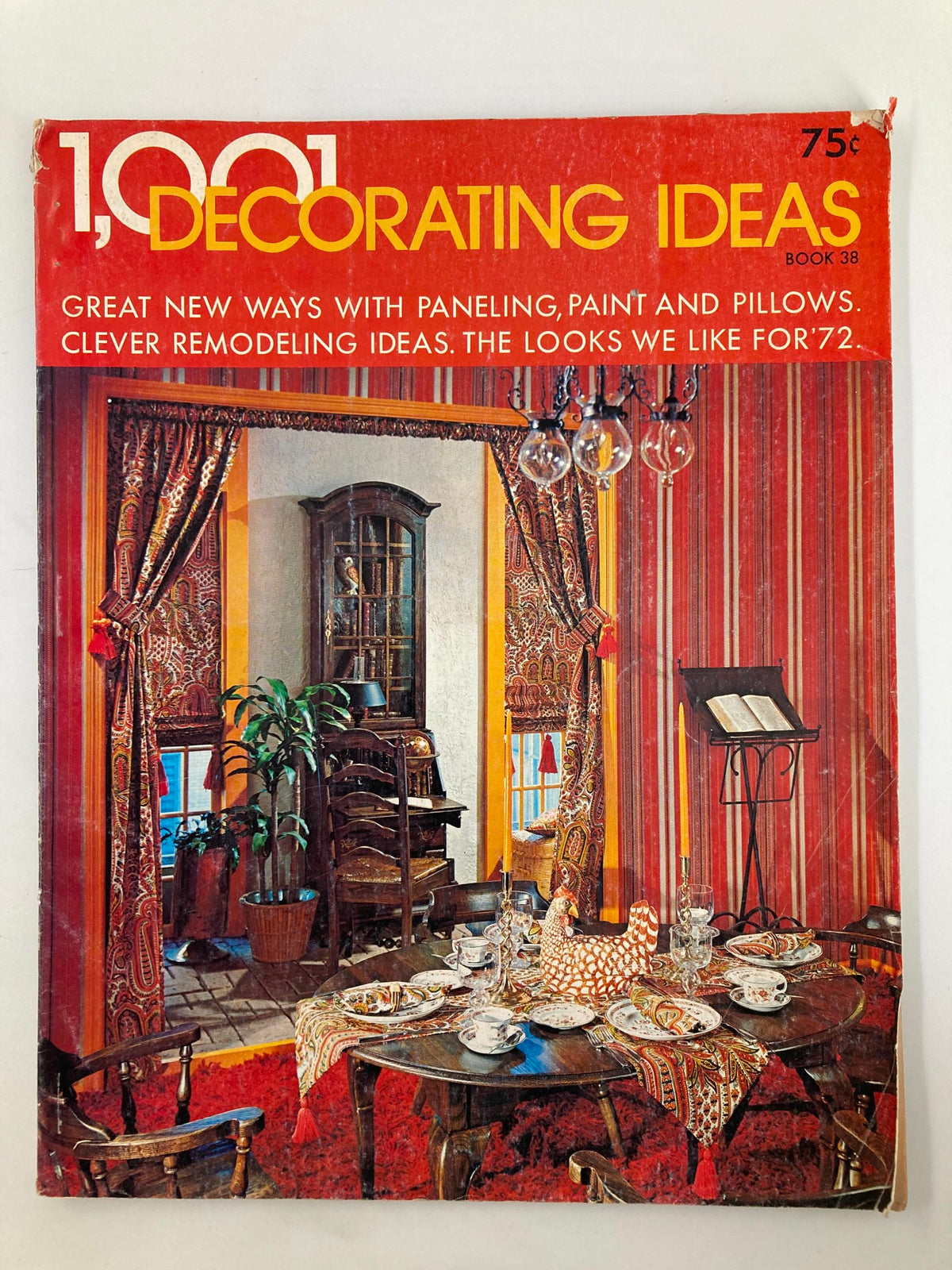 Front cover of VTG 1001 Decorating Ideas Magazine from 1971, featuring floral motifs, a dining table set for tea, and vibrant curtains, emphasizing creative home decor ideas.