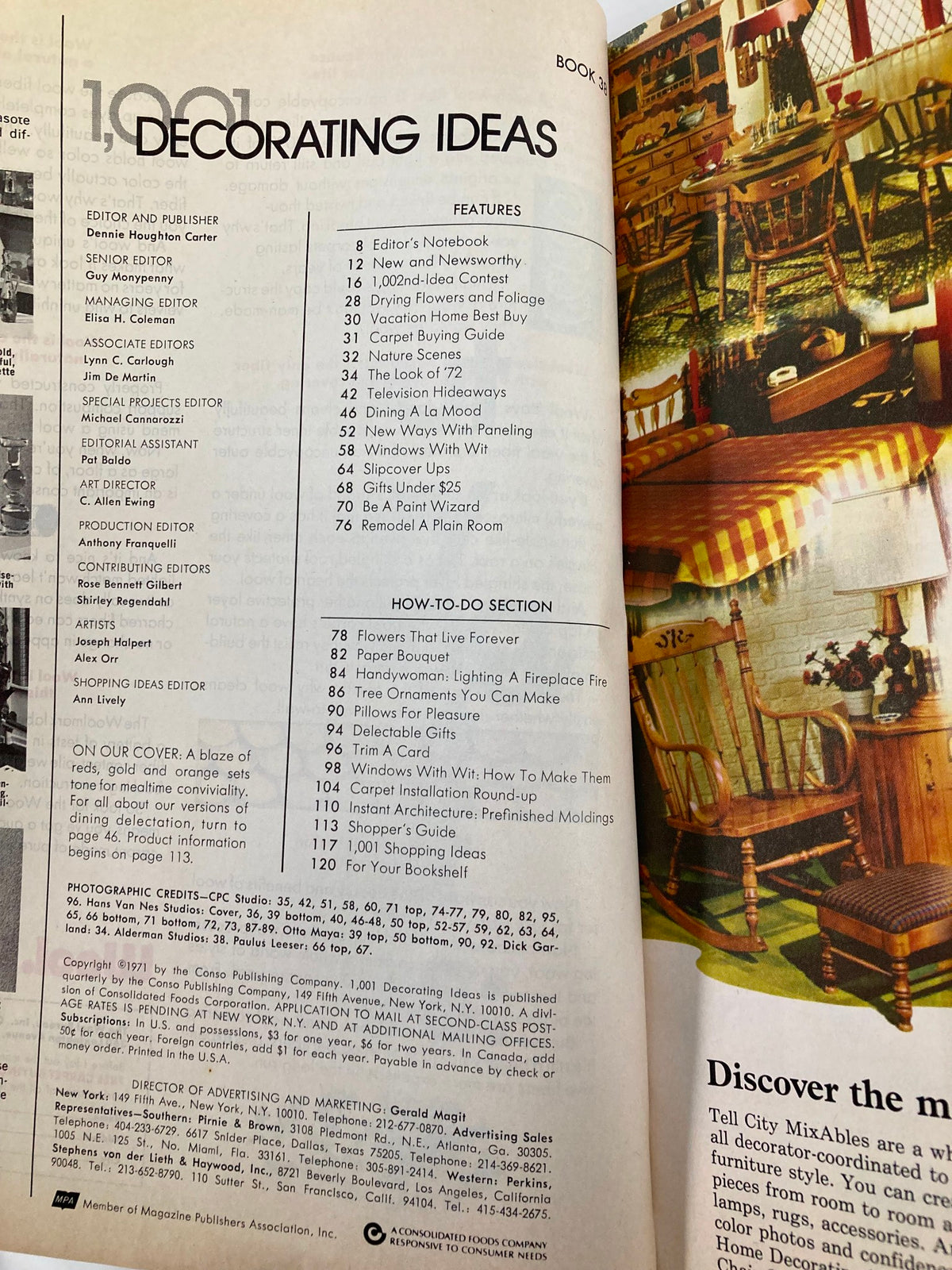 Interior page of the VTG 1001 Decorating Ideas Magazine 1971, featuring the table of contents with a variety of decorating tips and floral arrangement articles.
