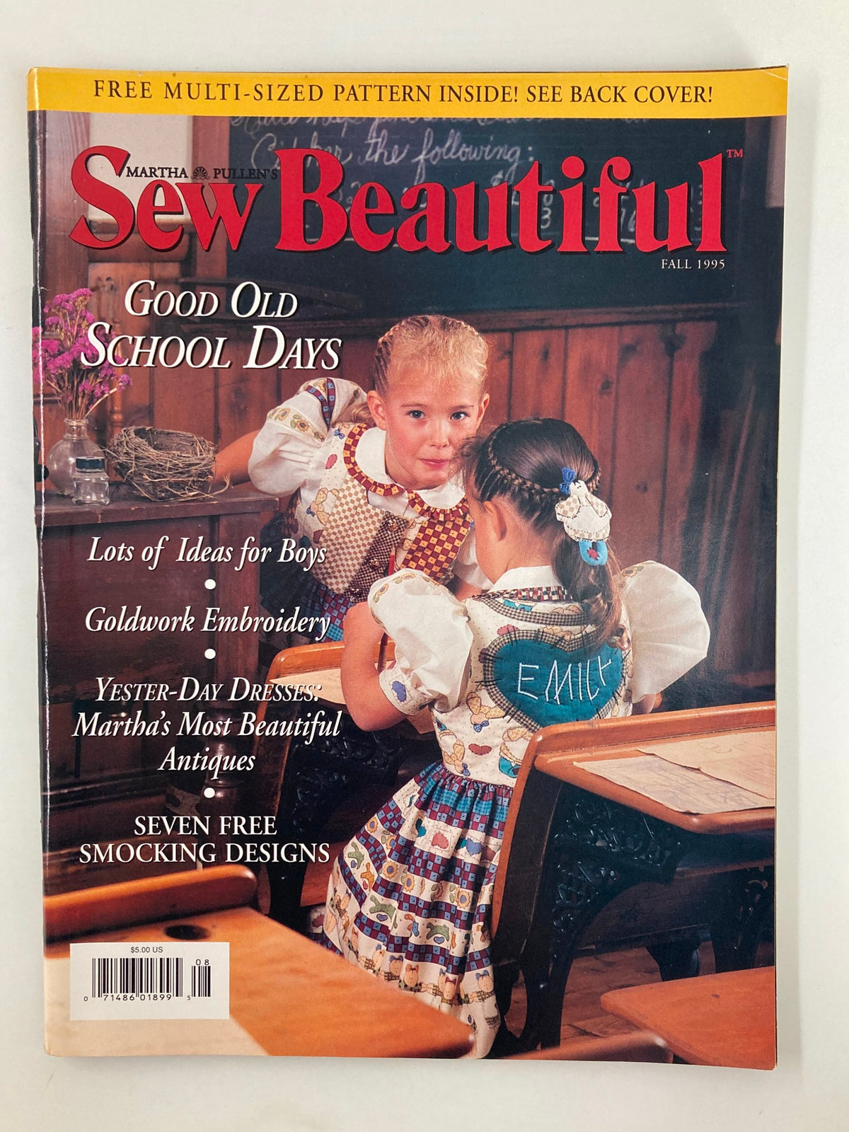 Cover of Sew Beautiful Magazine Fall 1995 featuring children in vintage clothing, the title 'Sew Beautiful' prominently displayed. Includes text about sewing, crafts, and Martha's Most Beautiful Antiques.