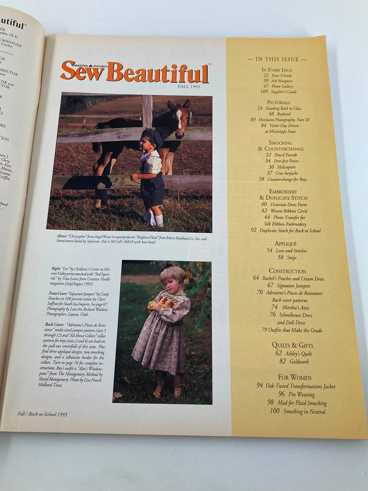 Interior page of Sew Beautiful Magazine Fall 1995 showcasing articles, photographs, and content related to children's fashion, sewing techniques, and crafting ideas for the fall season.