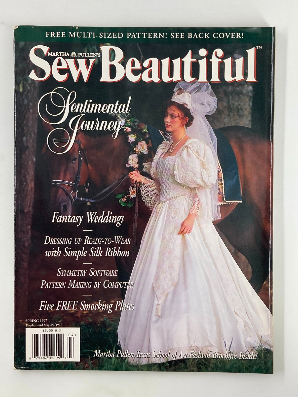 Cover of Sew Beautiful Magazine Spring 1997 featuring a wedding dress theme, with a model in a white gown and horse, showcasing the article 'Dressing Up Ready-to-Wear with Simple Silk Ribbon'.
