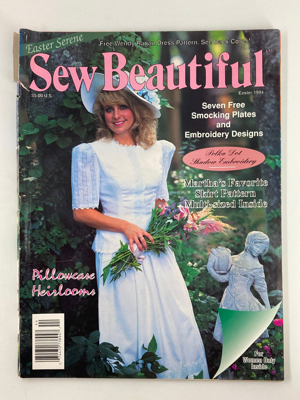 Cover of Sew Beautiful Magazine Easter 1994 featuring a woman in a white dress with a straw hat, holding flowers. The magazine highlights polka dot shadow embroidery and includes free patterns for Easter crafting.