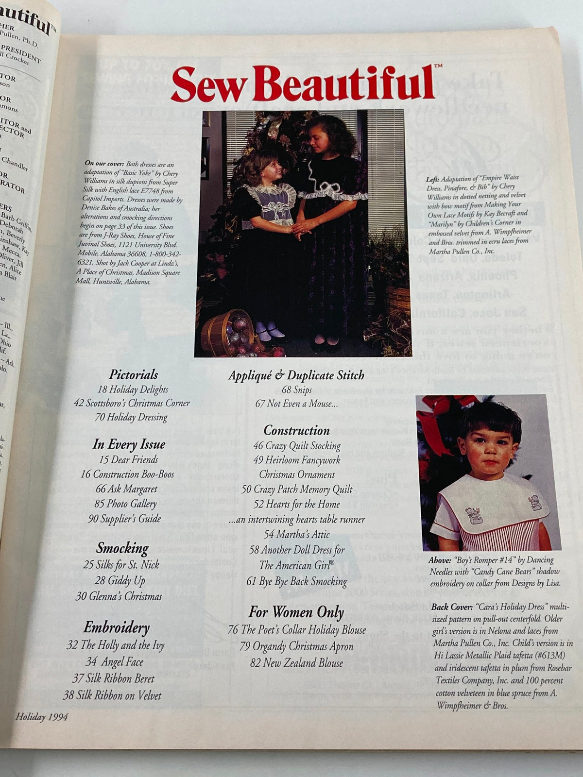 Interior page of Sew Beautiful Magazine September 1994, displaying article titles related to sewing, including details about Cara's Holiday Dress.