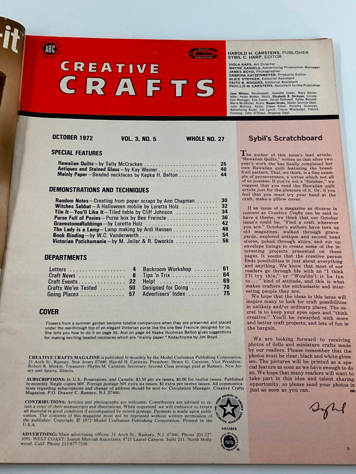 Inside page of VTG Creative Crafts Magazine October 1972 outlining special features and techniques.