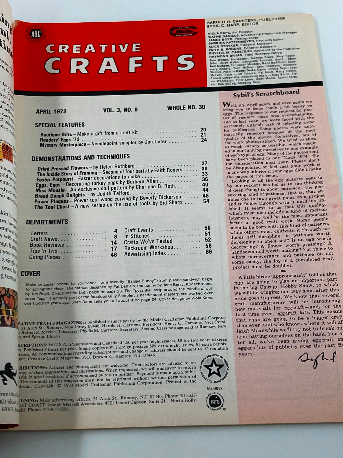 VTG Creative Crafts Magazine April 1973 interior page showcasing the table of contents with various DIY project features and articles related to creative crafts.