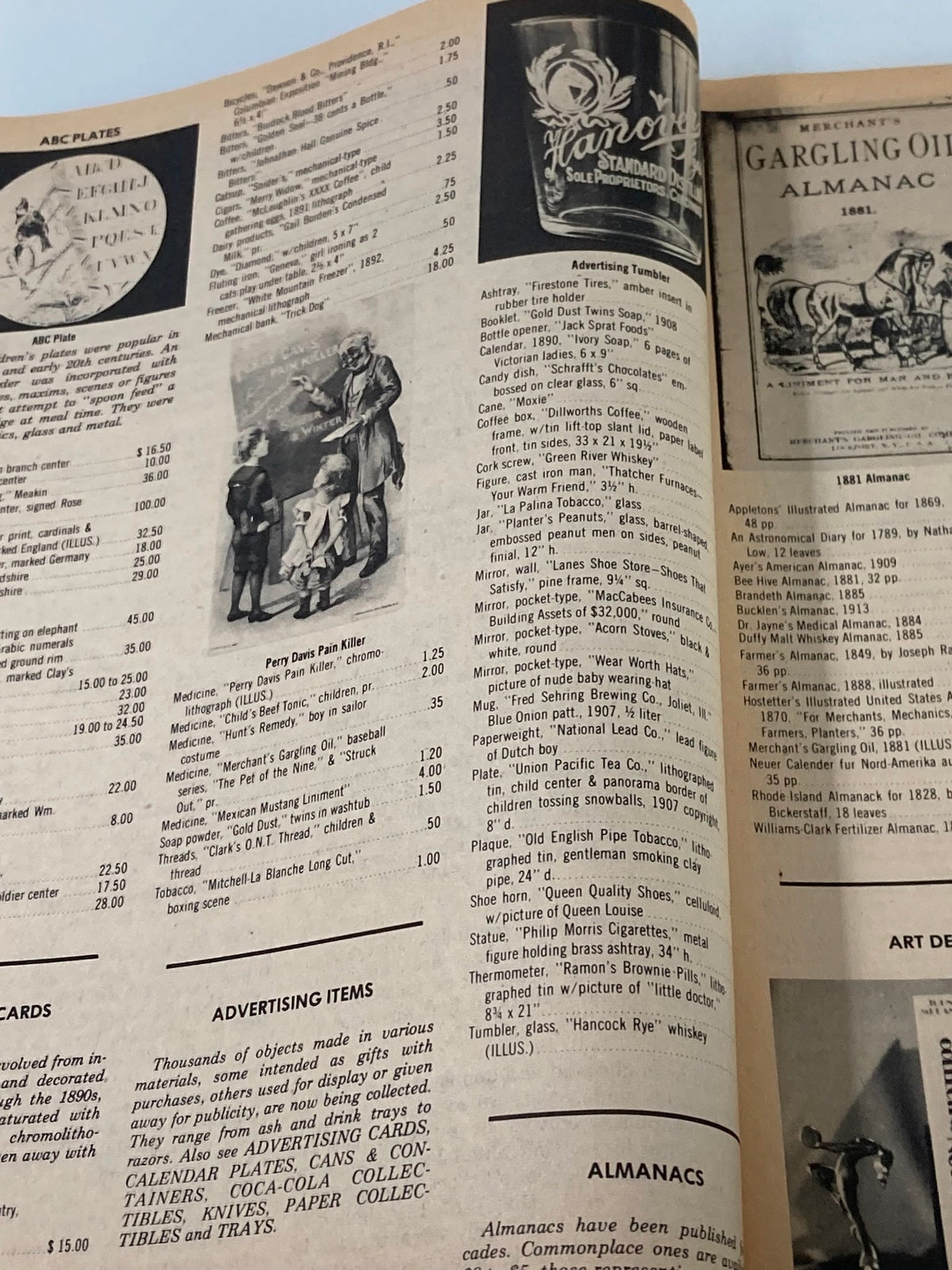 Page from The Antique Trader Winter 1974 Price Guide to Antiques and Collector's Items detailing antique prices, including ABC plates and advertising items.