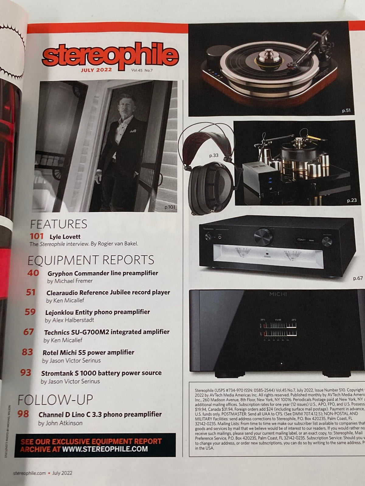 Cover image of Stereophile Magazine July 2022 showcasing features on high-end audio equipment, including the Gryphon Commander Preamplifier, with articles on various audio gear by notable reviewers.