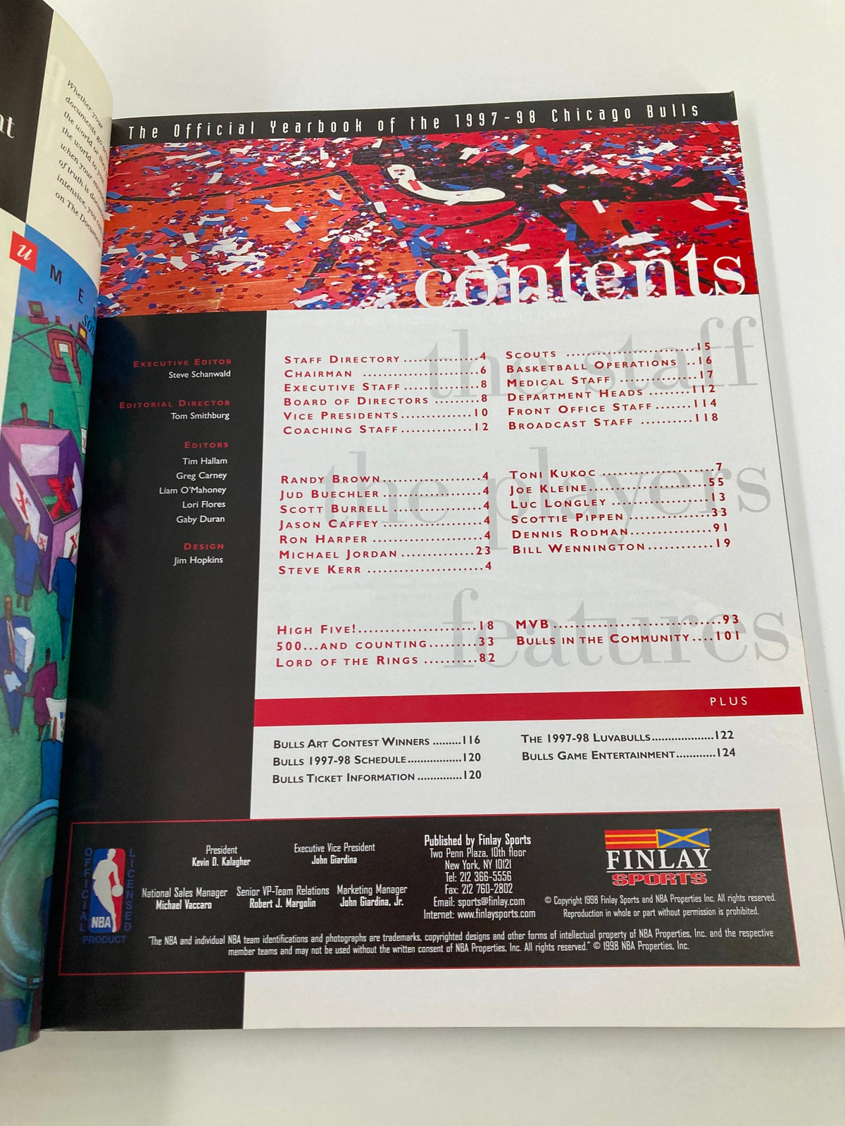 Table of contents page from the NBA Chicago Bulls Official 1997 - 1998 Yearbook, detailing sections of the publication such as player profiles, highlights, and team information.