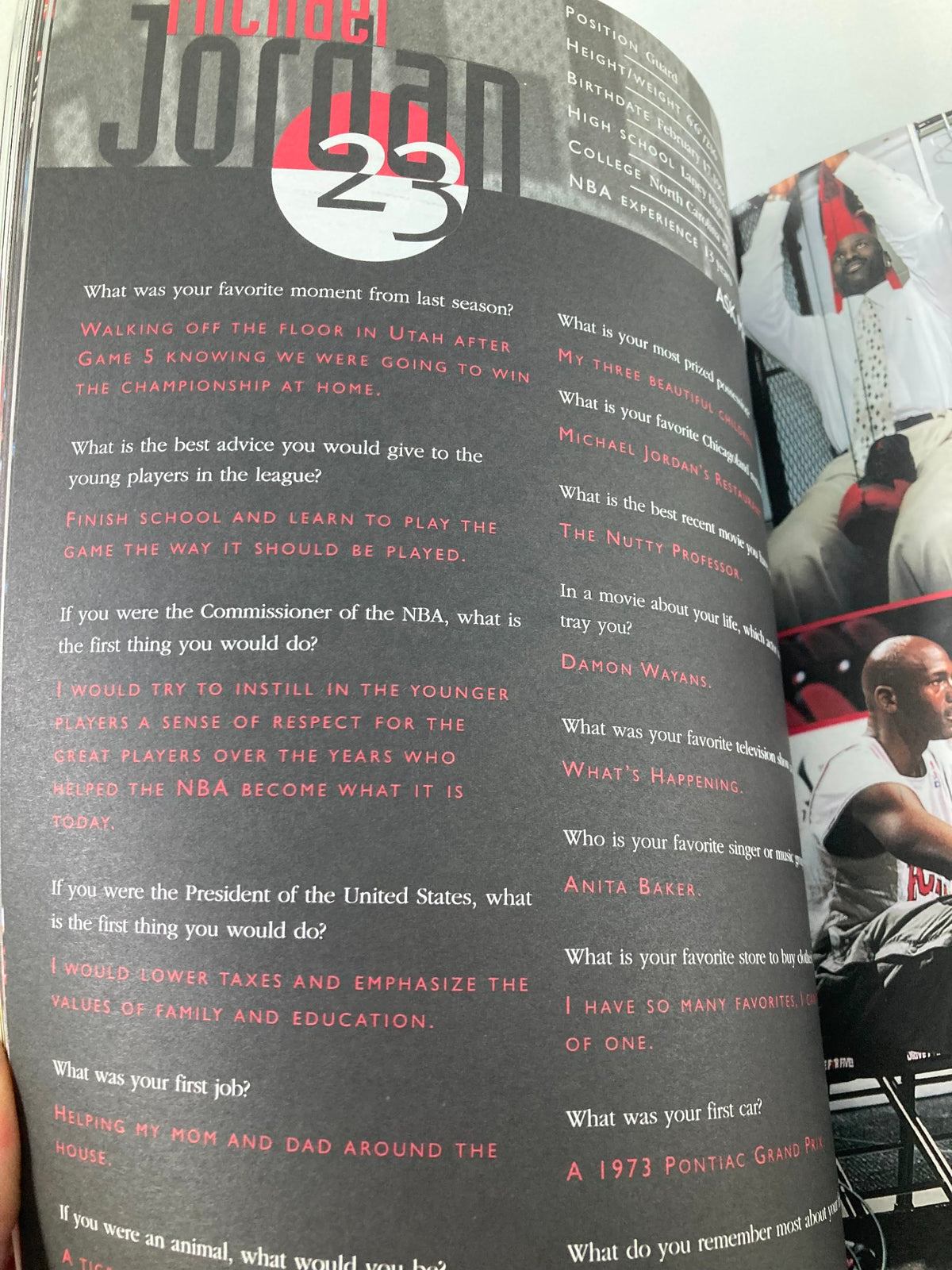 Interview segment with Michael Jordan discussing his favorite moments and advice for young players, from the NBA Chicago Bulls Official 1997 - 1998 Yearbook.