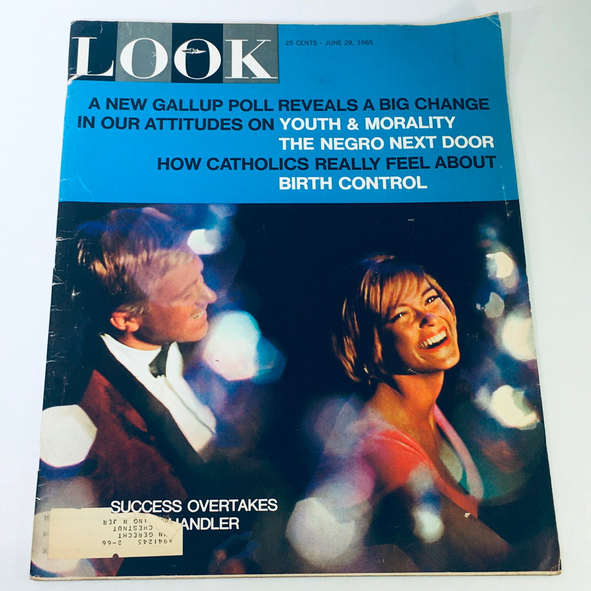 Vintage Look Magazine cover from June 29, 1965, featuring articles on youth and morality, the Negro next door, and birth control. The cover displays an engaging photo of a woman smiling and a man in a tuxedo, reflecting the cultural landscape of the 1960s.