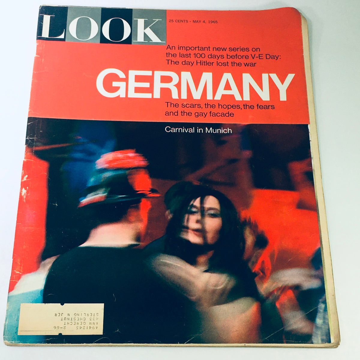 Cover of VTG Look Magazine May 4 1965 featuring colorful imagery from the Carnival in Munich, with the title 'Germany: The scars, the hopes, the fears and the gay facade' and a mention of Adolf Hitler's historical context.