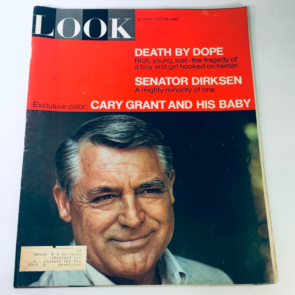 Cover of VTG Look Magazine July 26 1966 featuring the headline 'Death by Dope' and a photo of Cary Grant, spotlighting articles on drug use and political figure Everett Dirksen.