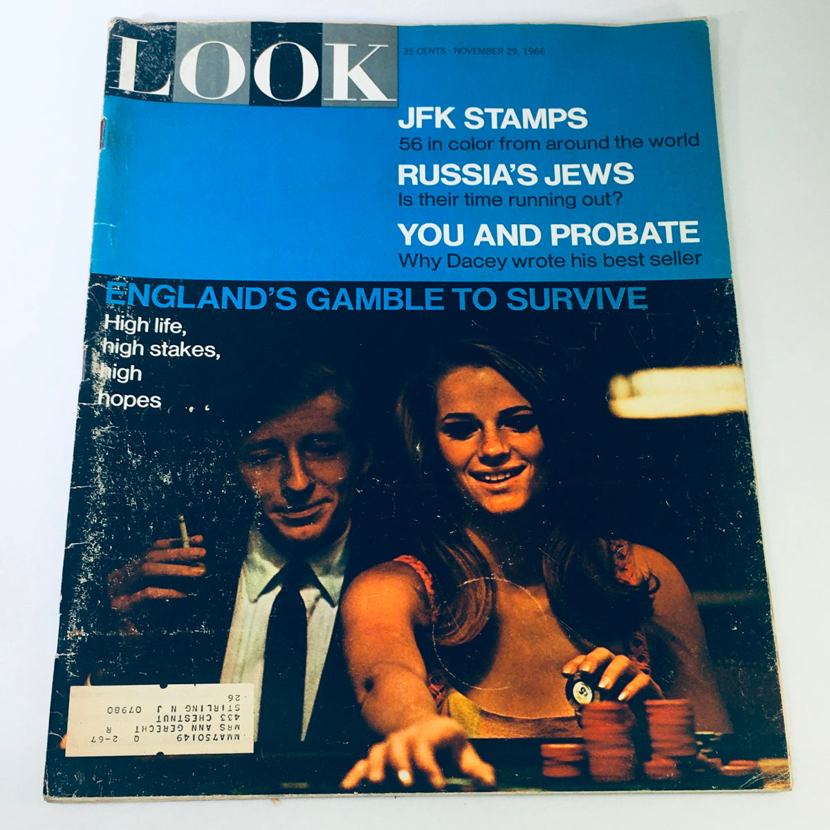 VTG Look Magazine November 29 1966 cover featuring JFK stamps, Russia's Jews, and a couple at a gambling table.
