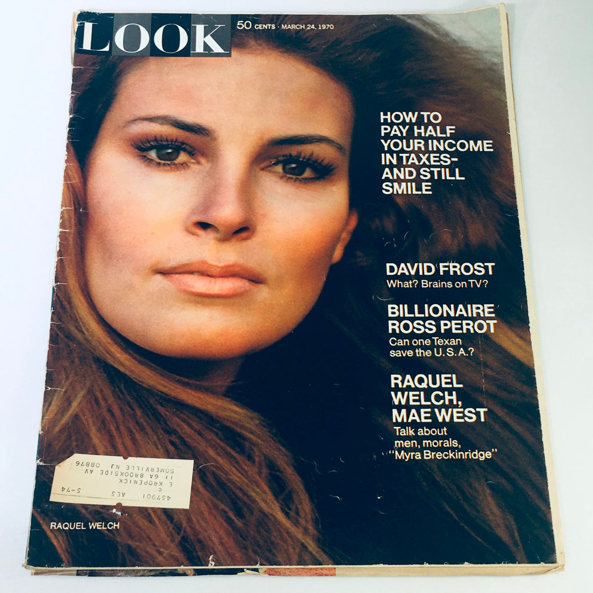 Vintage Look Magazine Cover from March 24, 1970, featuring Raquel Welch, with headlines about David Frost and Mae West, showcasing iconic 1970s pop culture.