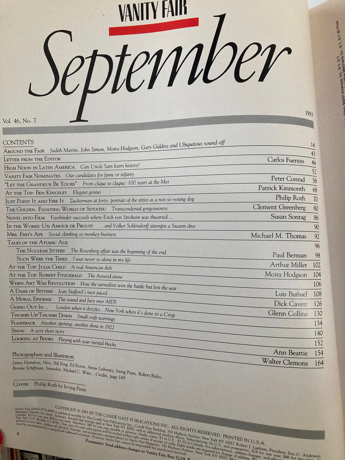 Table of contents from the September 1983 issue of Vanity Fair featuring notable authors including Philip Roth and Carlos Fuentes, highlighting articles and essays on literature and culture.