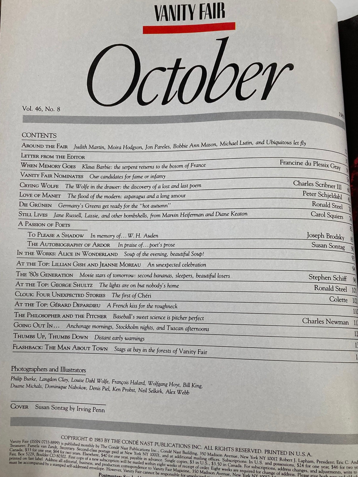 Table of contents for Vintage Vanity Fair Magazine October 1983, listing notable features including works by Joseph Brodsky and Susan Sontag.