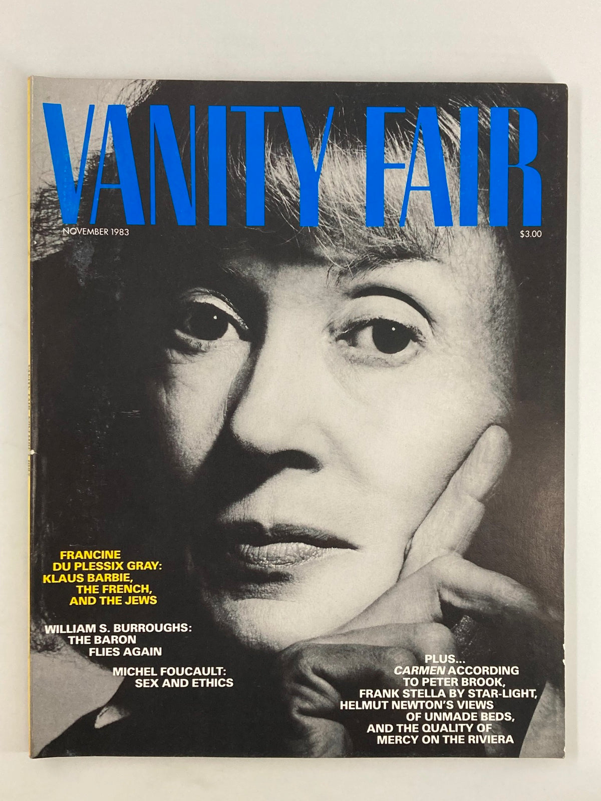 Cover of VTG Vanity Fair Magazine November 1983 featuring a black and white portrait, showcasing Francine Du Plessix Gray with striking blue text.