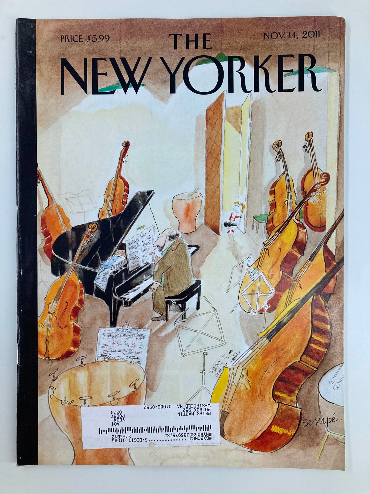 The New Yorker Magazine Cover for November 14, 2011, featuring the artwork 'Different Scales' by Jean-Jacques Sempe, illustrating a musical scene with pianos and string instruments.