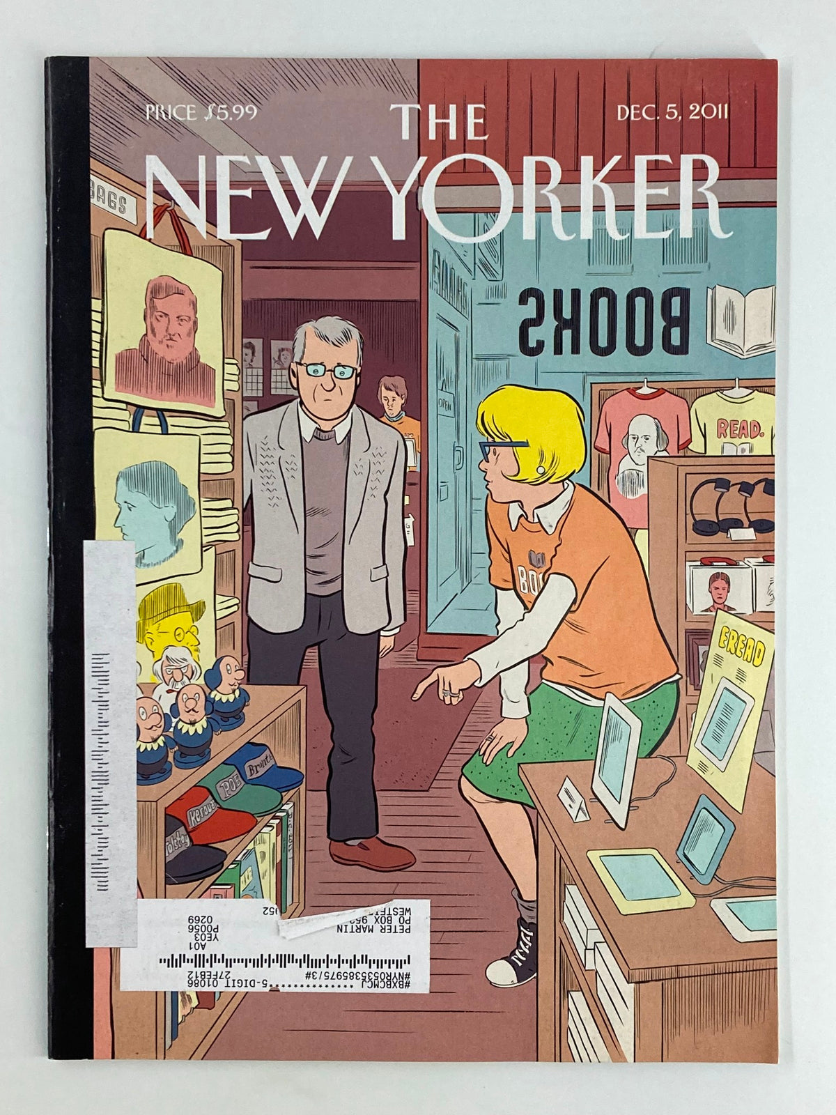 Cover of The New Yorker Magazine December 5, 2011 featuring the illustration 'Black Friday' by Daniel Clowes. The artwork captures a humorous scene in a bookstore, showcasing the cultural commentary typical of The New Yorker.