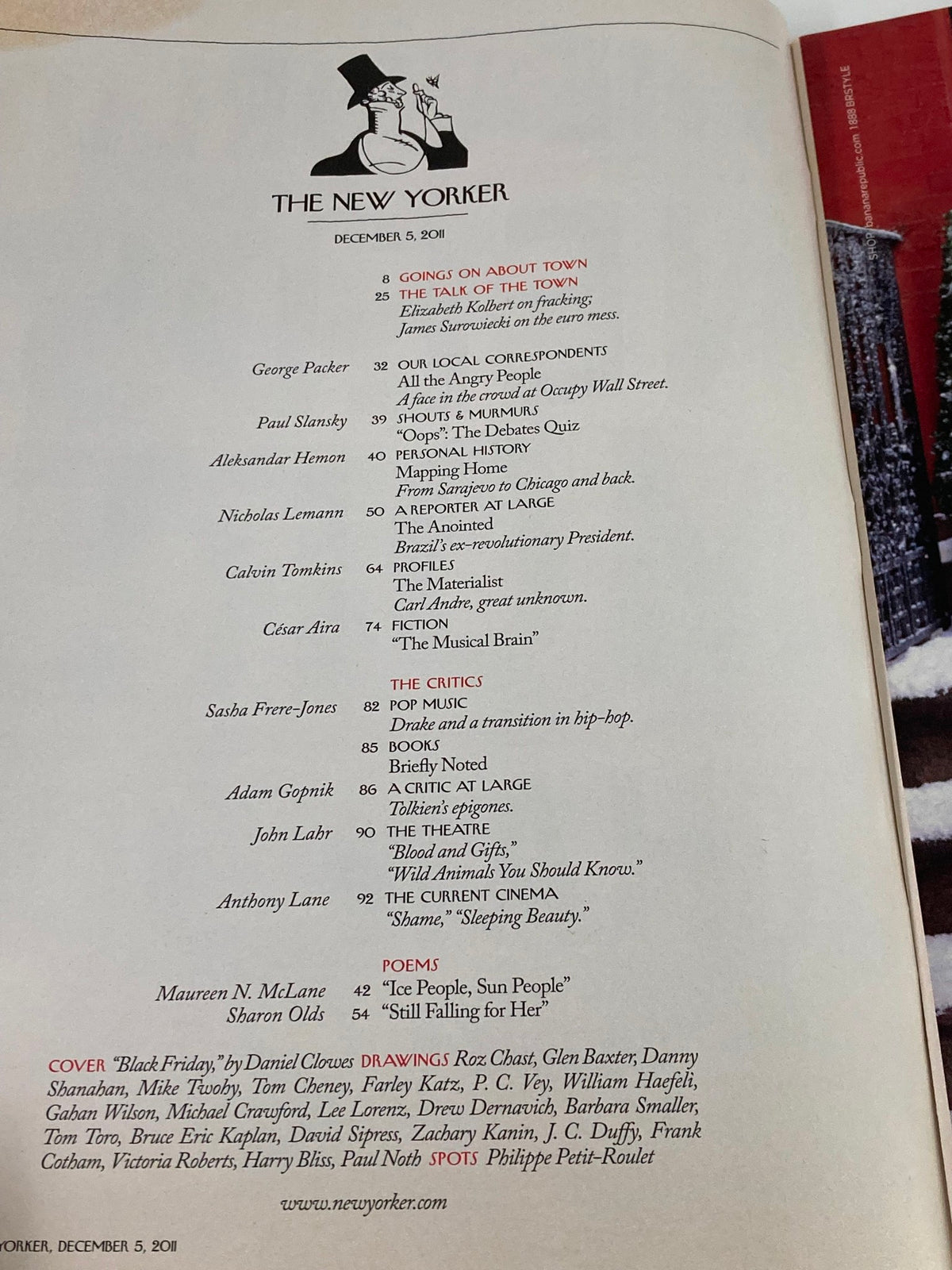 Interior page from The New Yorker Magazine December 5 2011 featuring the 'Goings On About Town' listings and contributor names, highlighting the magazine's diverse cultural commentary.