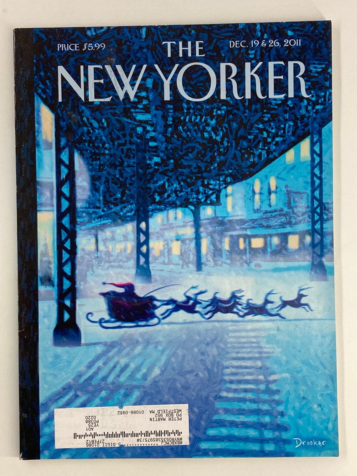 Cover of The New Yorker Magazine December 19 & 26, 2011 featuring the illustration 'Apparition' by Eric Drooker, showcasing a winter scene with a sleigh and reindeer.