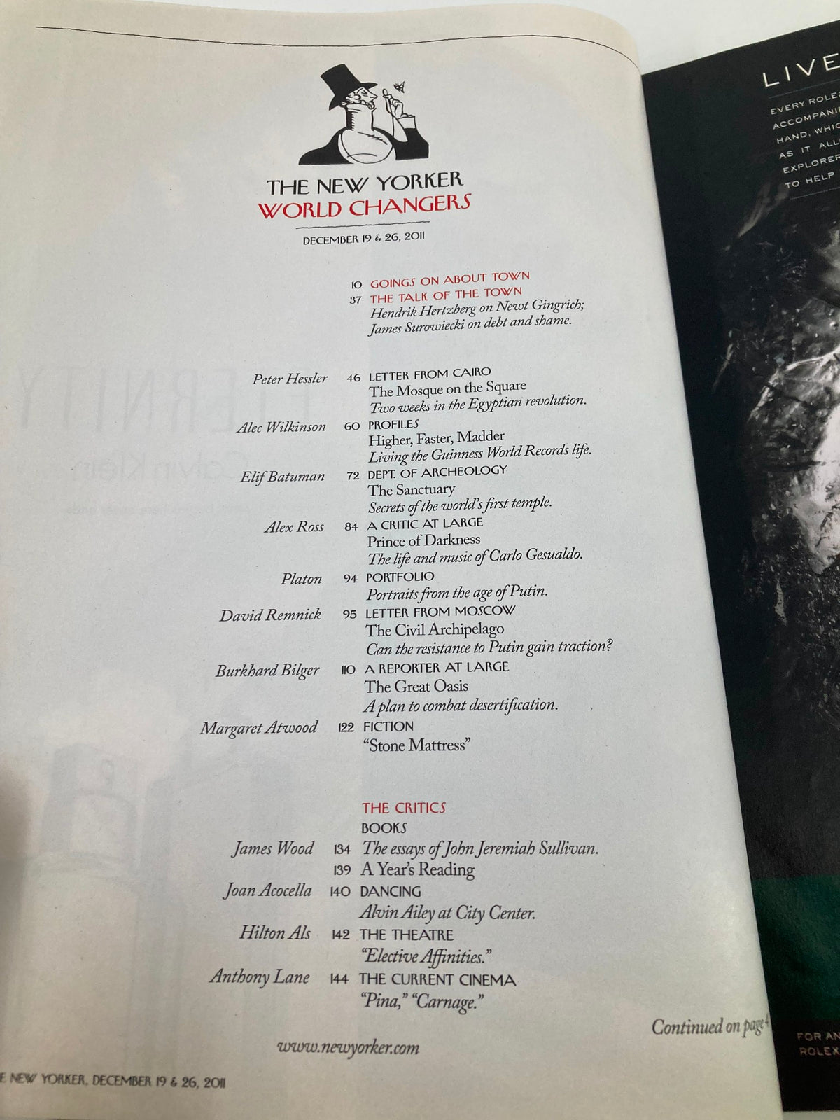 Table of contents page from The New Yorker Magazine December 19 & 26, 2011, listing articles, including 'Letters from Canada' and various features under 'World Changers'.