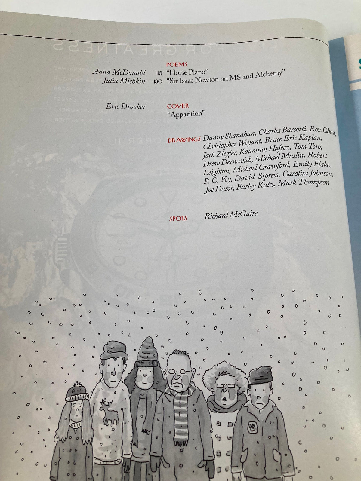 Feature page from The New Yorker Magazine December 19 & 26, 2011 presenting the author names and illustrations for 'Apparition' and related works by Eric Drooker, including poems and drawings.