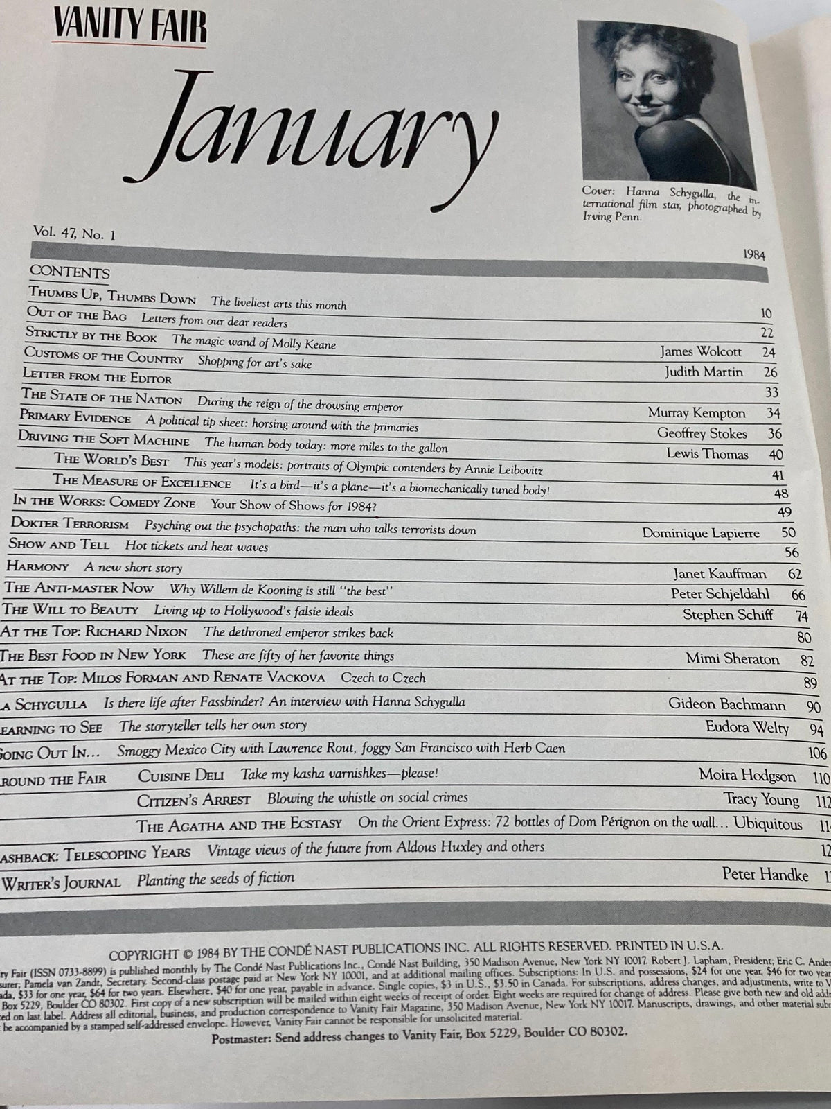Contents page from the January 1984 Vanity Fair magazine, detailing articles about influential personalities including feature on Screen Queen Hanna Schygulla.