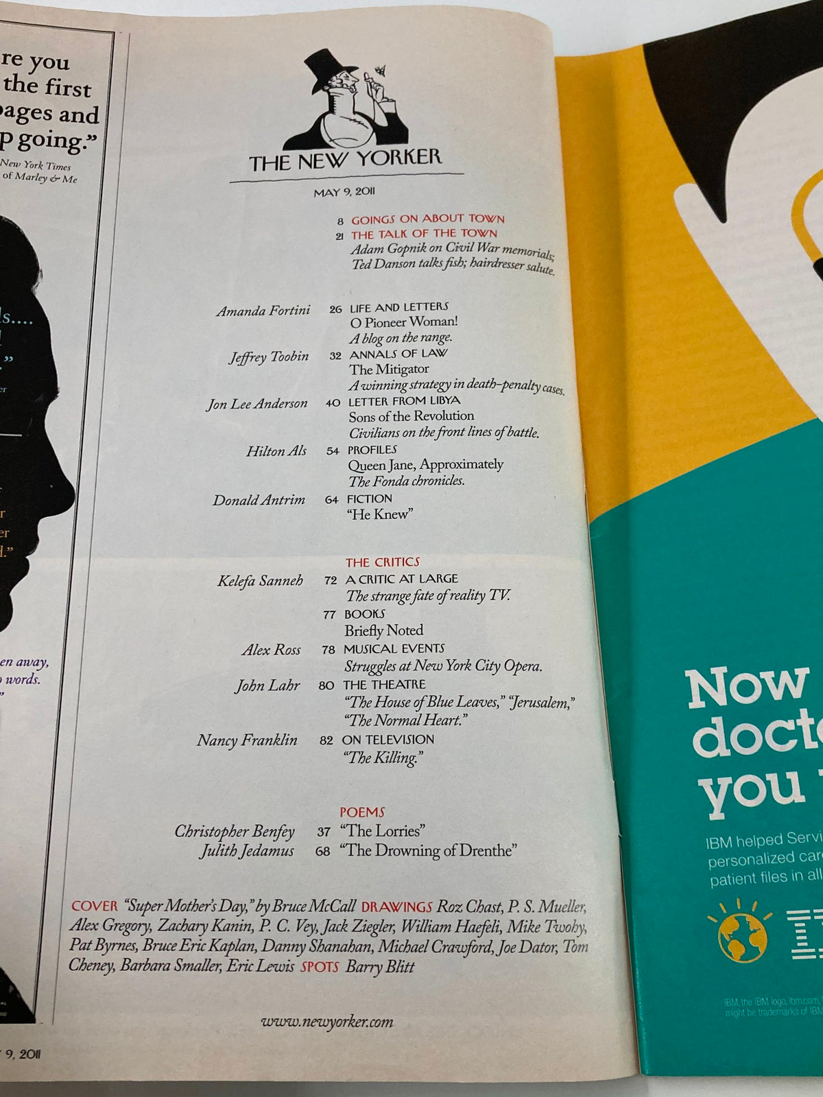 Inside page of The New Yorker Magazine from May 9, 2011, listing contributors and contents including articles and poems.