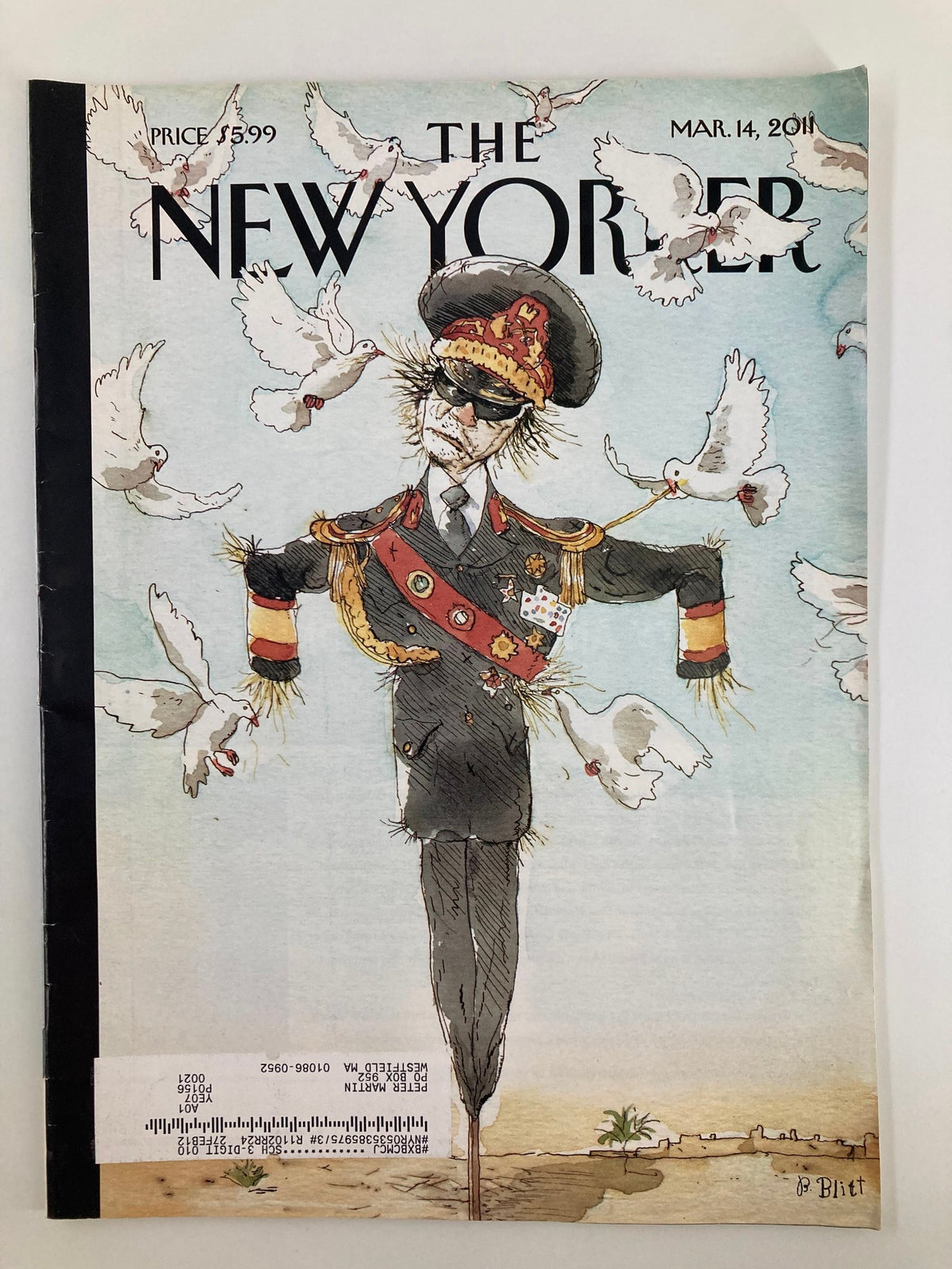 The New Yorker Magazine March 14 2011 cover featuring humorous artwork by Barry Blitt, depicting a military figure with doves in the background.