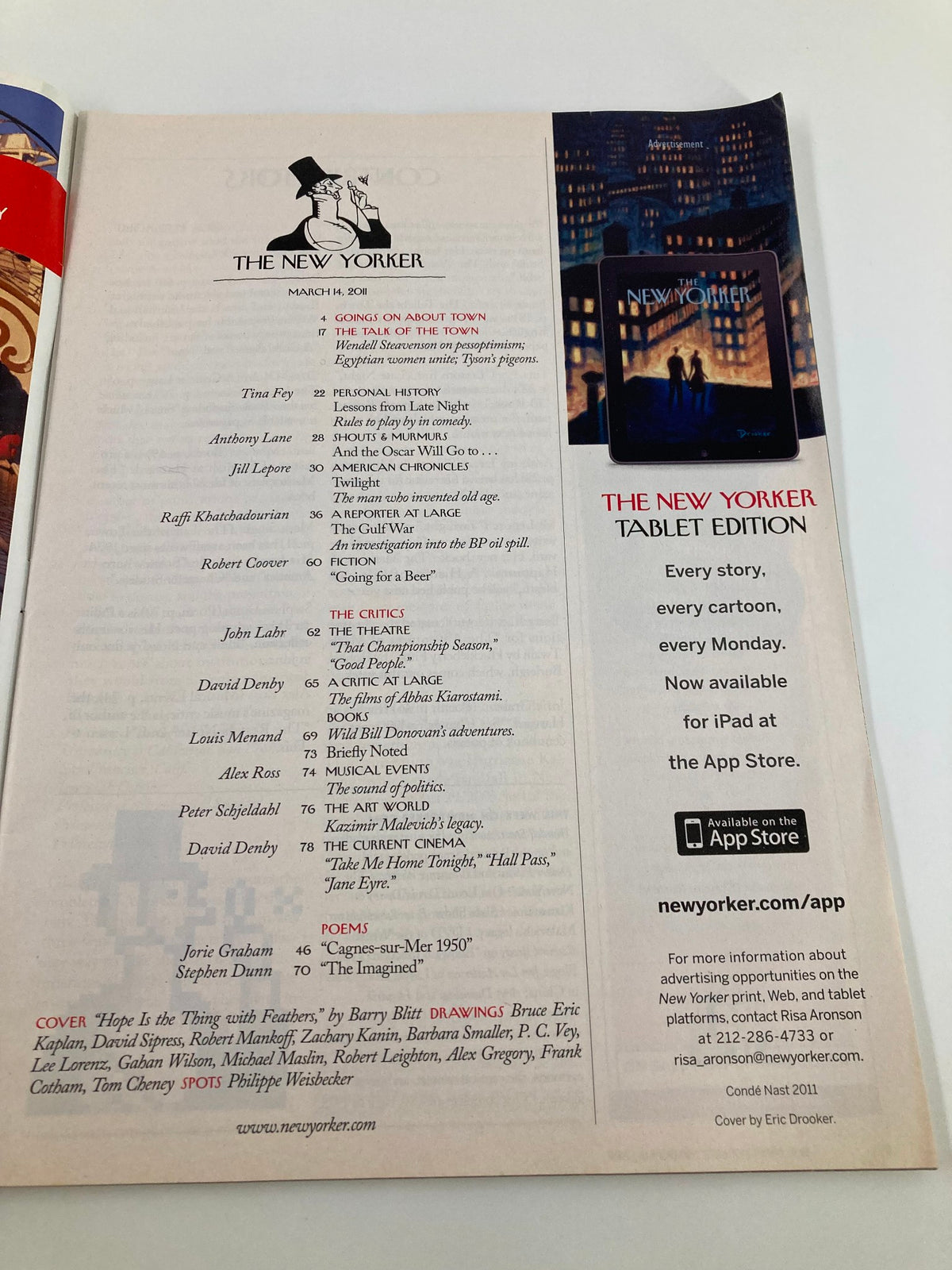 The inside page of The New Yorker Magazine March 14 2011 listing contributors and articles, including references to various cultural topics.