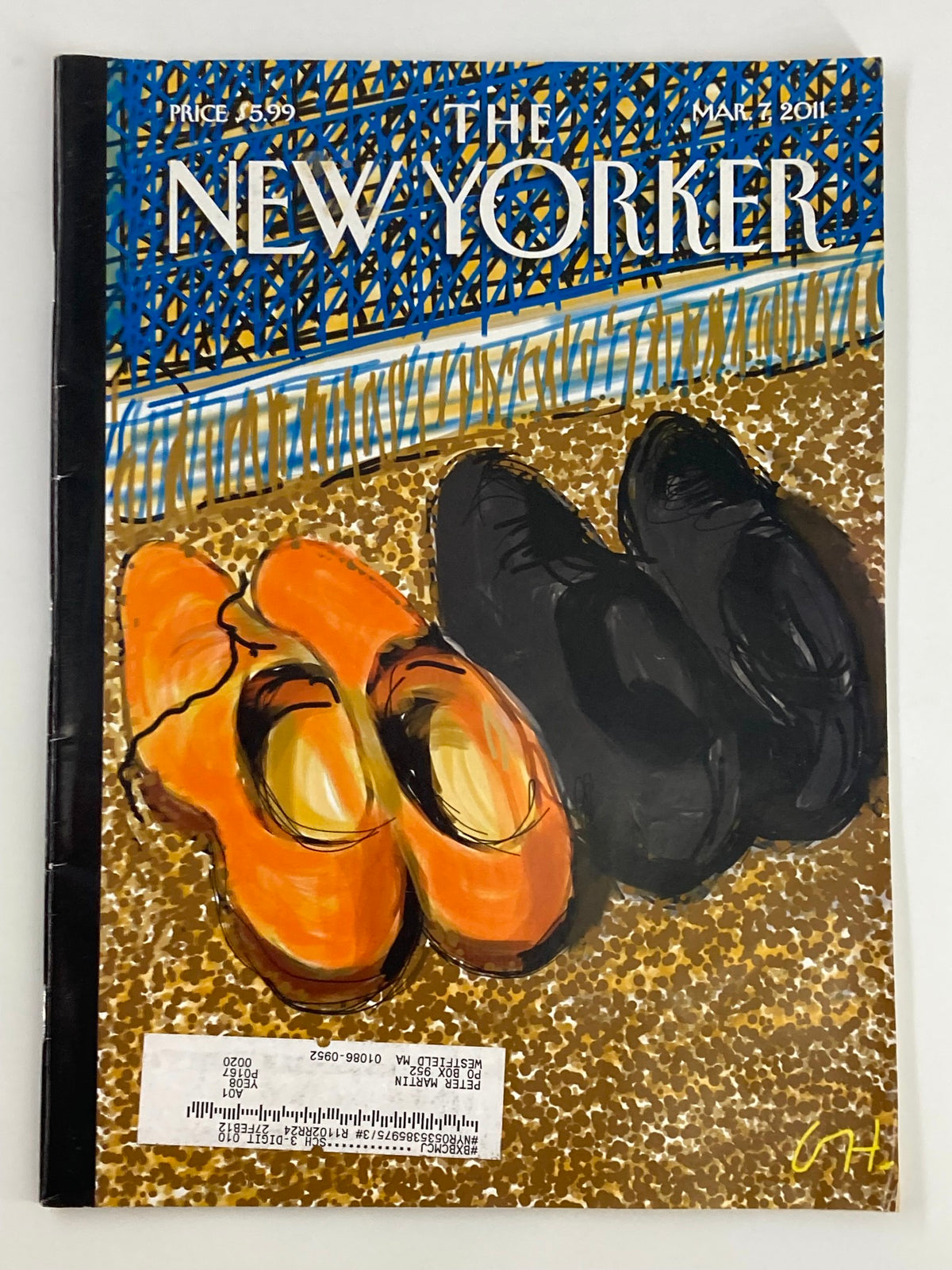 The New Yorker Magazine March 7 2011 cover featuring vibrant artwork of orange and black shoes by David Hockney, showcasing a fashion theme.