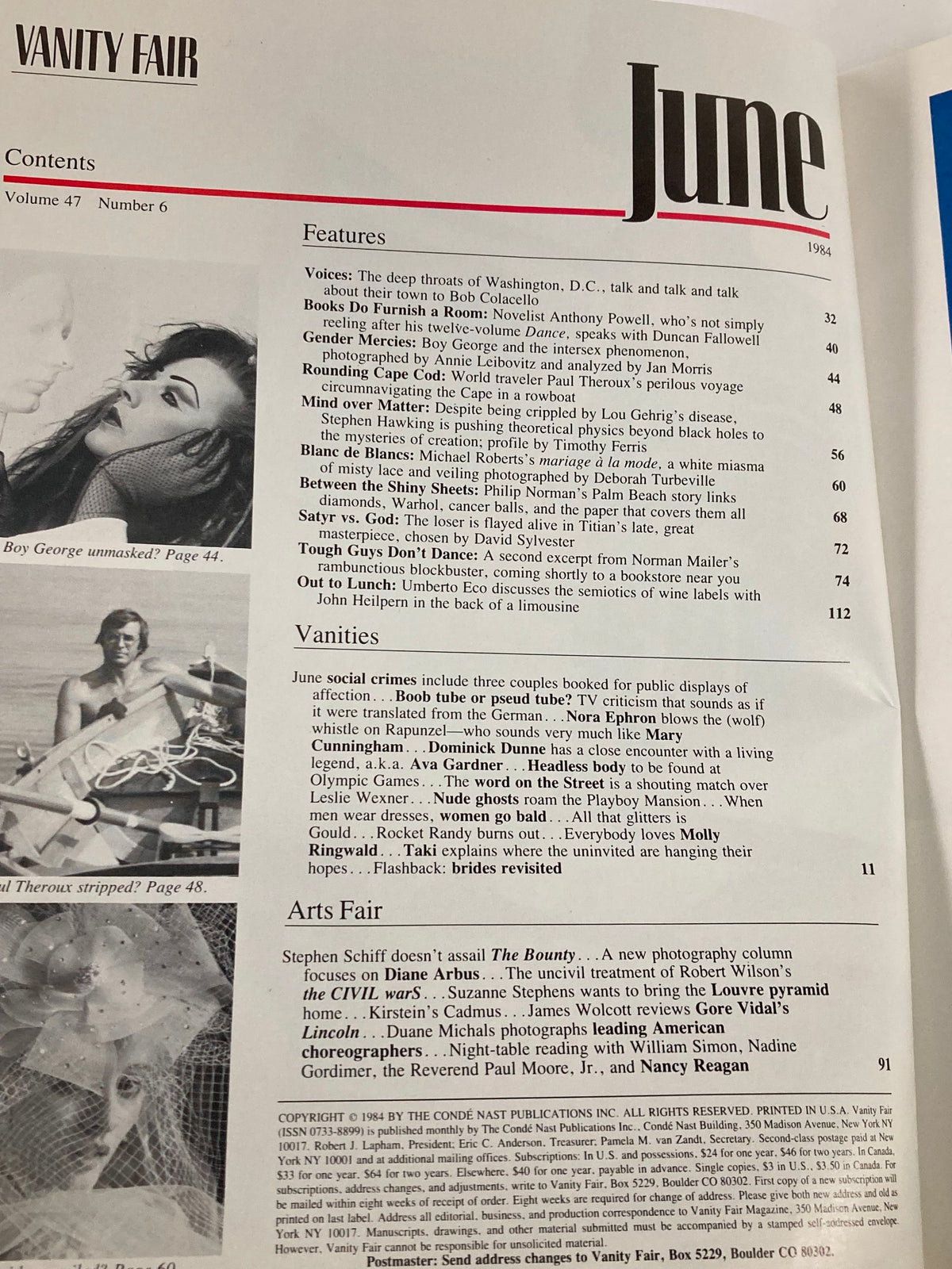 Contents page of VTG Vanity Fair Magazine June 1984, featuring key articles including 'Gender Mercies' about Boy George. This issue explores cultural topics and significance during the transformative 1980s.