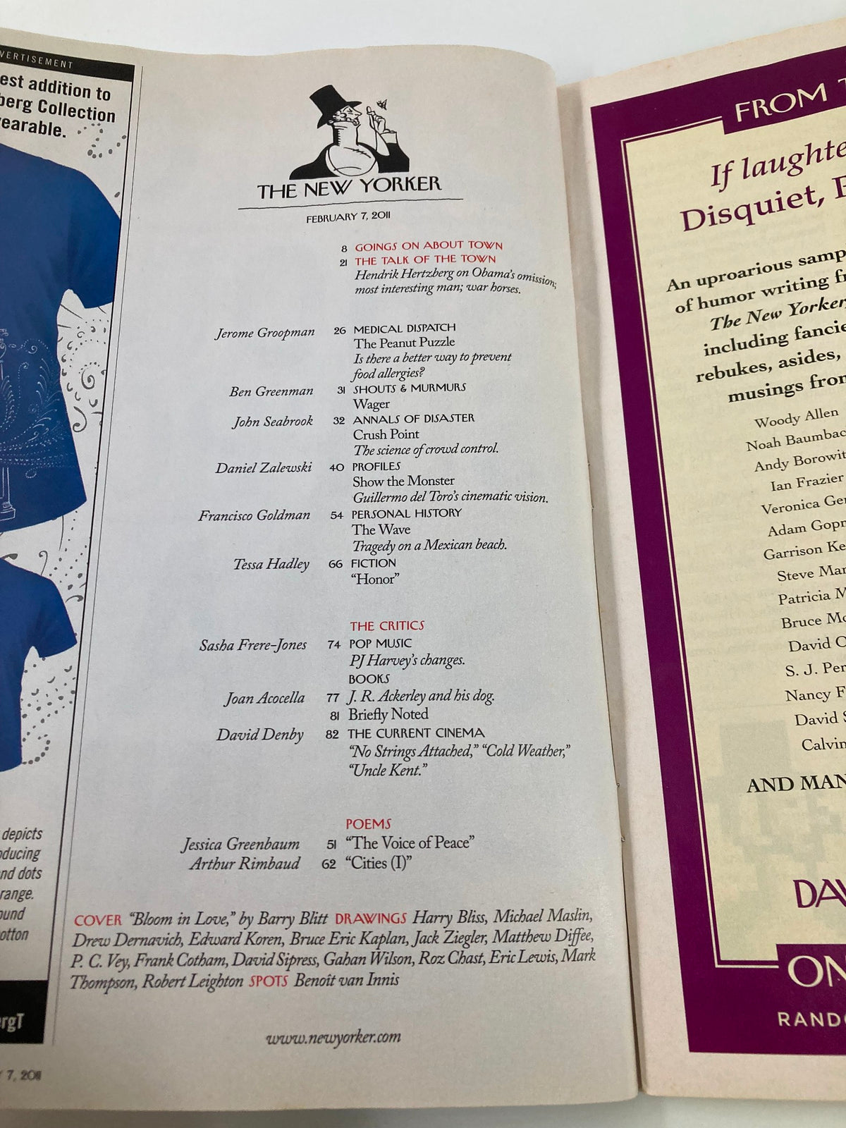 Inside page of The New Yorker Magazine February 7 2011 displaying the table of contents, featuring articles and illustrations, with a focus on the issue's contributors and topics.