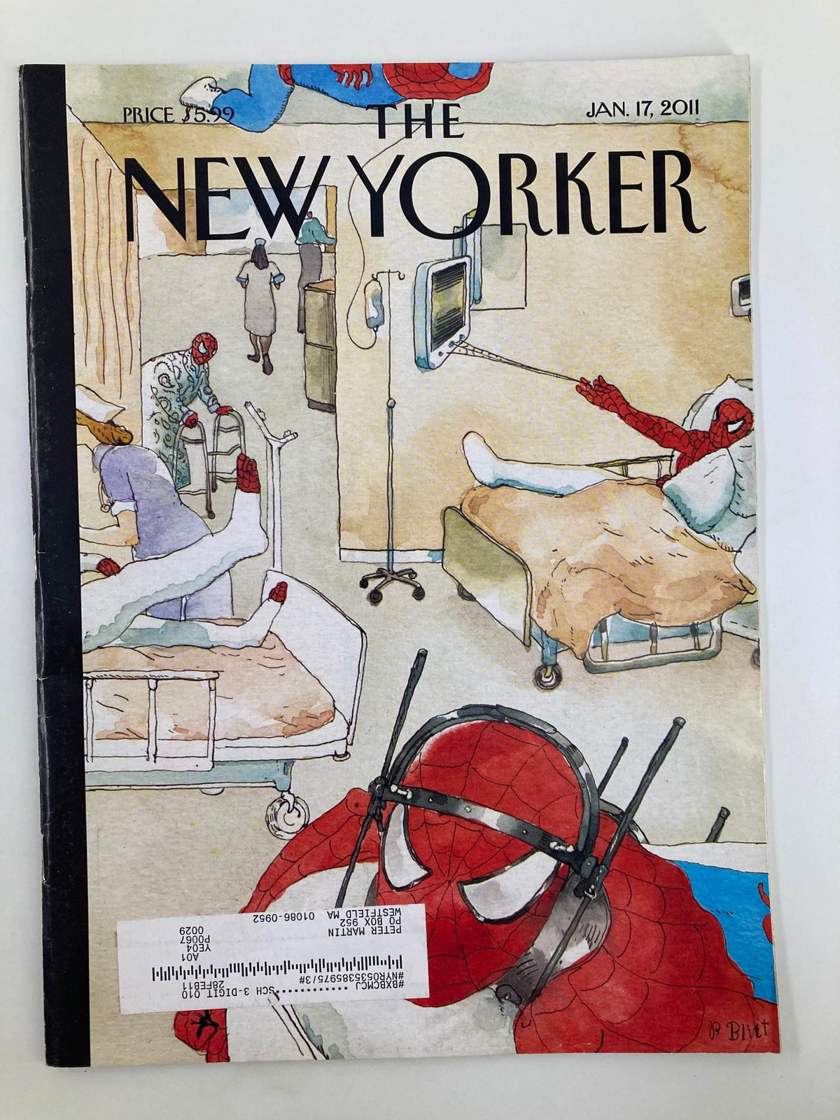 The New Yorker Magazine January 17 2011 cover featuring the theme "Spiderward" by Barry Blitt, depicting a hospital scene with a Spiderman character and other figures, showcasing artistic and satirical elements.