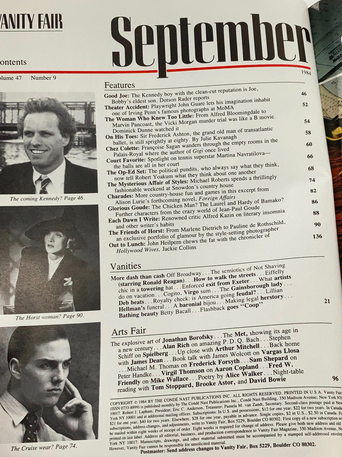 Table of contents from VTG Vanity Fair Magazine September 1984 highlighting featured articles including 'The Coming Kennedy' and various cultural topics.