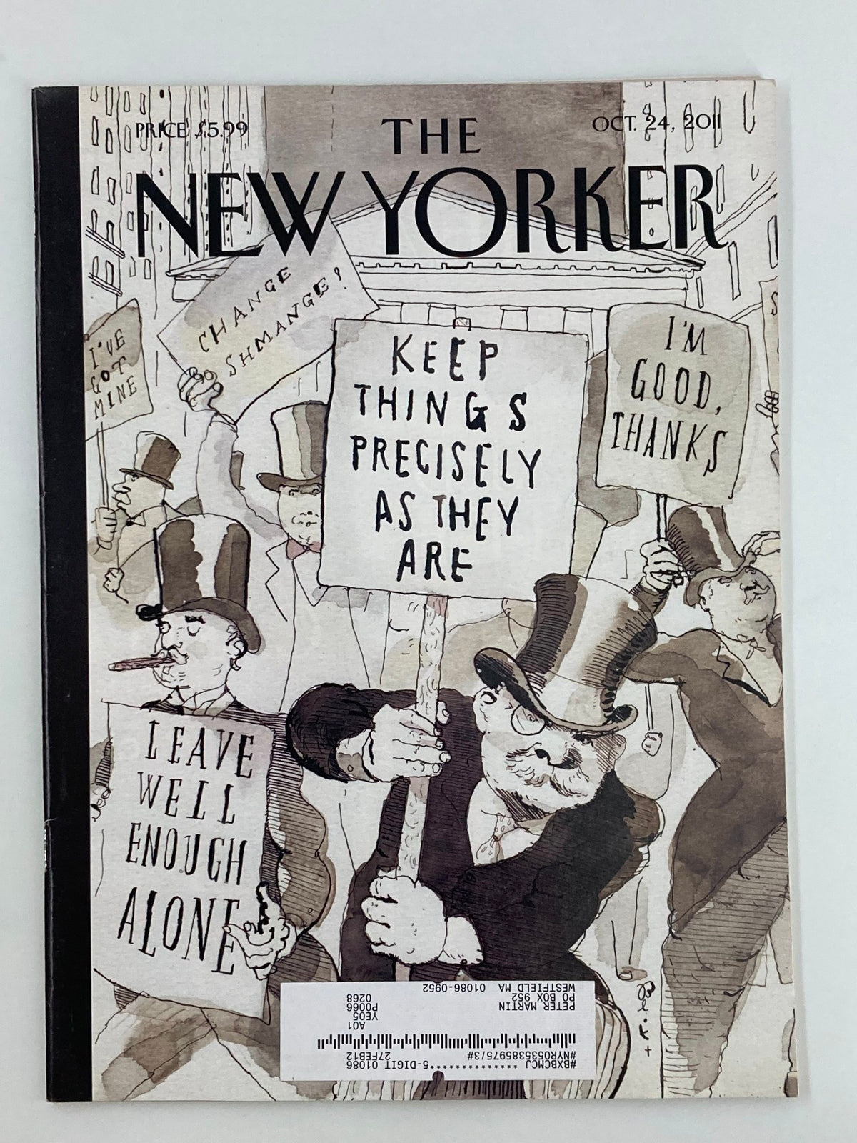 Cover of The New Yorker Magazine from October 24, 2011, featuring the theme 'Fighting Back' by Barry Blitt, depicting characters with signs and top hats.