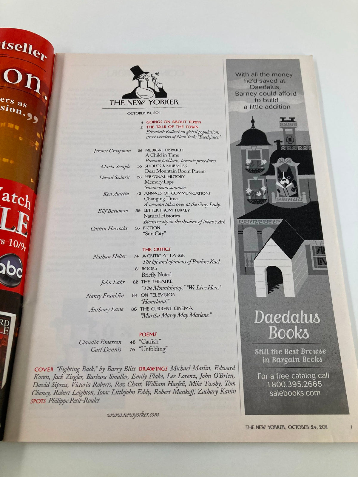 Table of contents page from The New Yorker Magazine, October 24, 2011, indicating articles and contributors, including the cover story 'Fighting Back' by Barry Blitt.