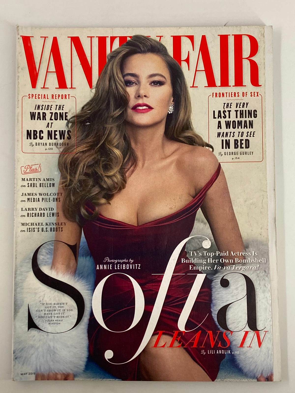 Vanity Fair Magazine May 2015 cover featuring Sofia Vergara, TV's Top Paid Actress, in a glamorous red dress.