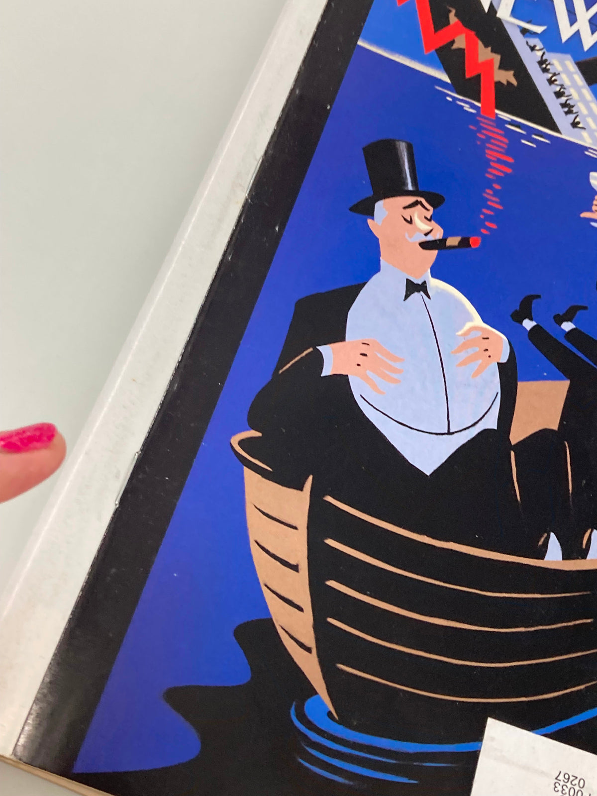 Close-up of the cover of The New Yorker Magazine August 15 & 22, 2011, 'S.O.S.' by Christoph Niemann, highlighting a character with a cigar in a boat, emphasizing the vintage style and colorful illustration.