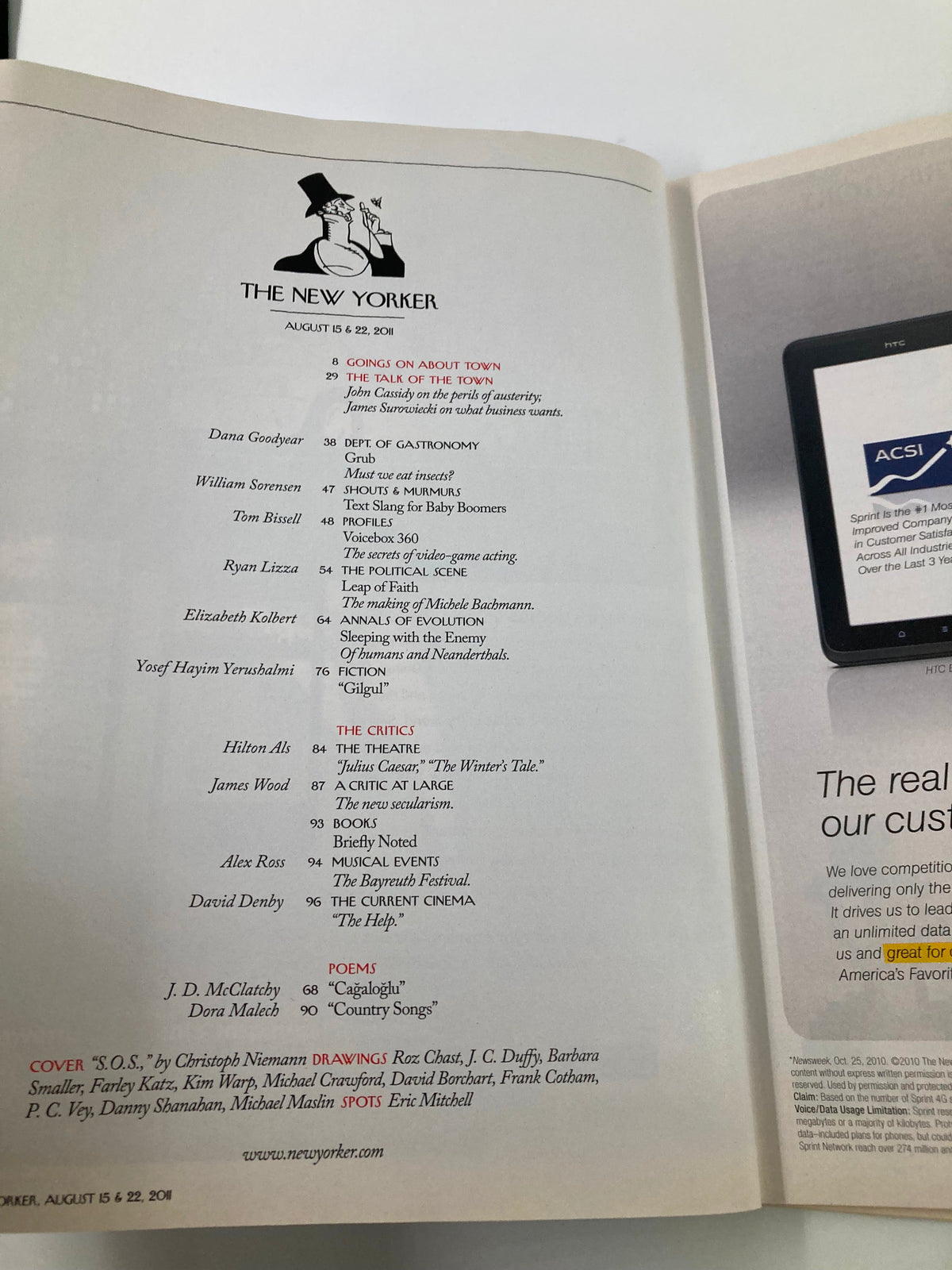 Interior page of The New Yorker Magazine August 15 & 22 2011, featuring articles and content related to the issue. Highlighting the cover story 'S.O.S.' by Christoph Niemann.