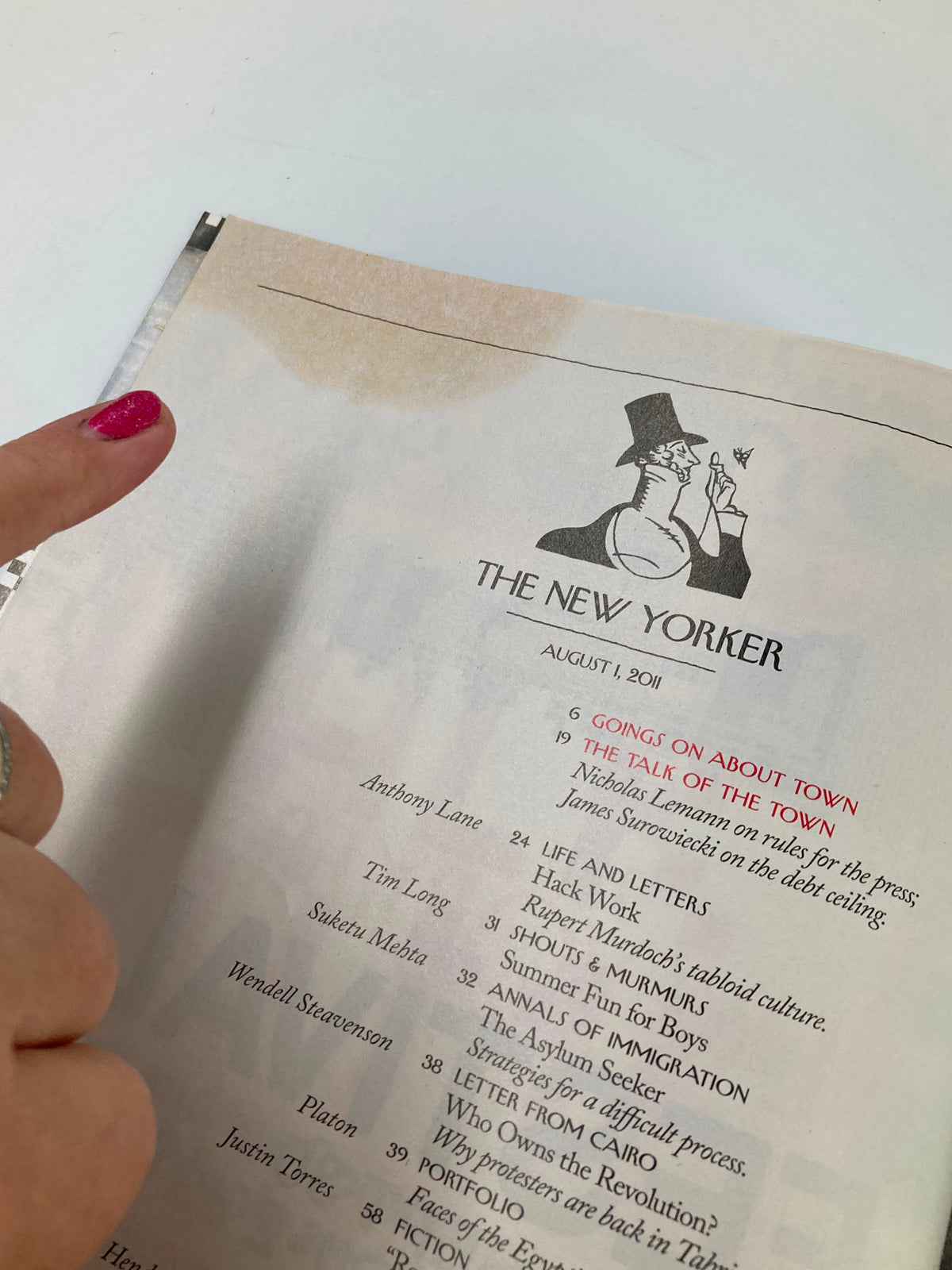 Close-up view of the table of contents from The New Yorker Magazine August 1, 2011 highlighting featured segments and the iconic logo.