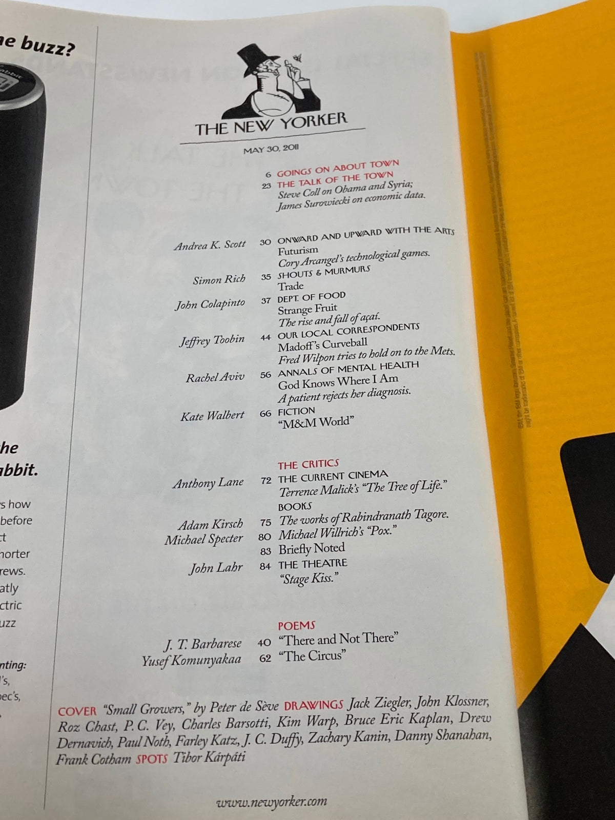 Inside page of The New Yorker Magazine May 30, 2011, displaying the table of contents, with contributors' names and featured articles, including the cover theme 'Small Growers'.
